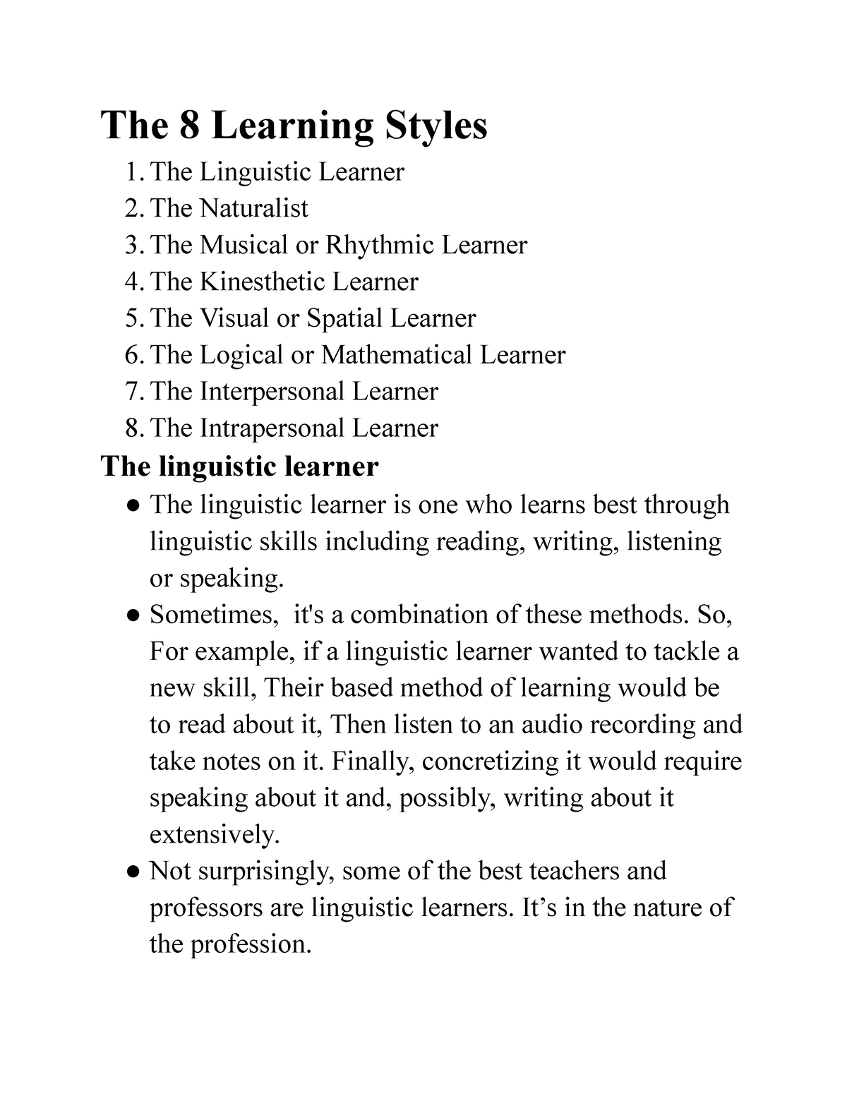 The 8 Learning Styles - Learning - The 8 Learning Styles The Linguistic ...