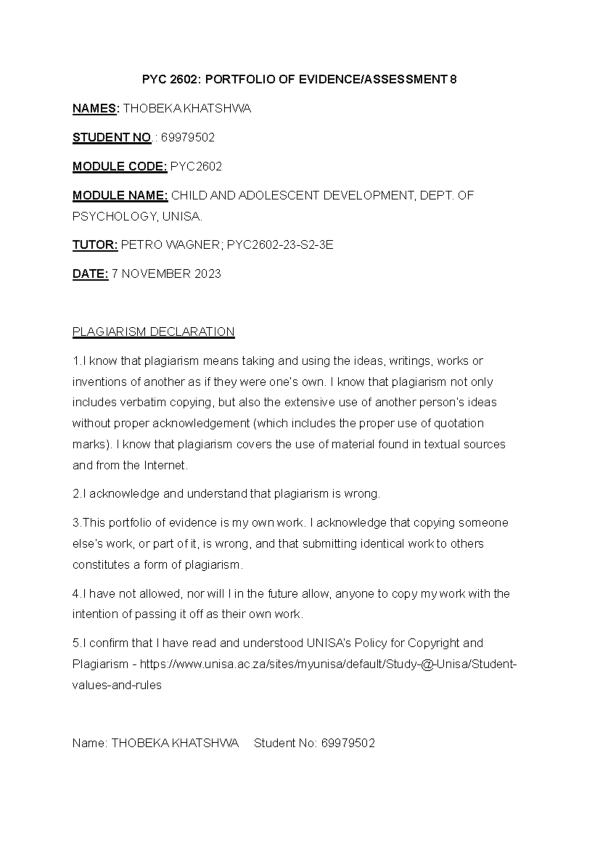 Portfolio of evidence - PYC 2602: PORTFOLIO OF EVIDENCE/ASSESSMENT 8 ...