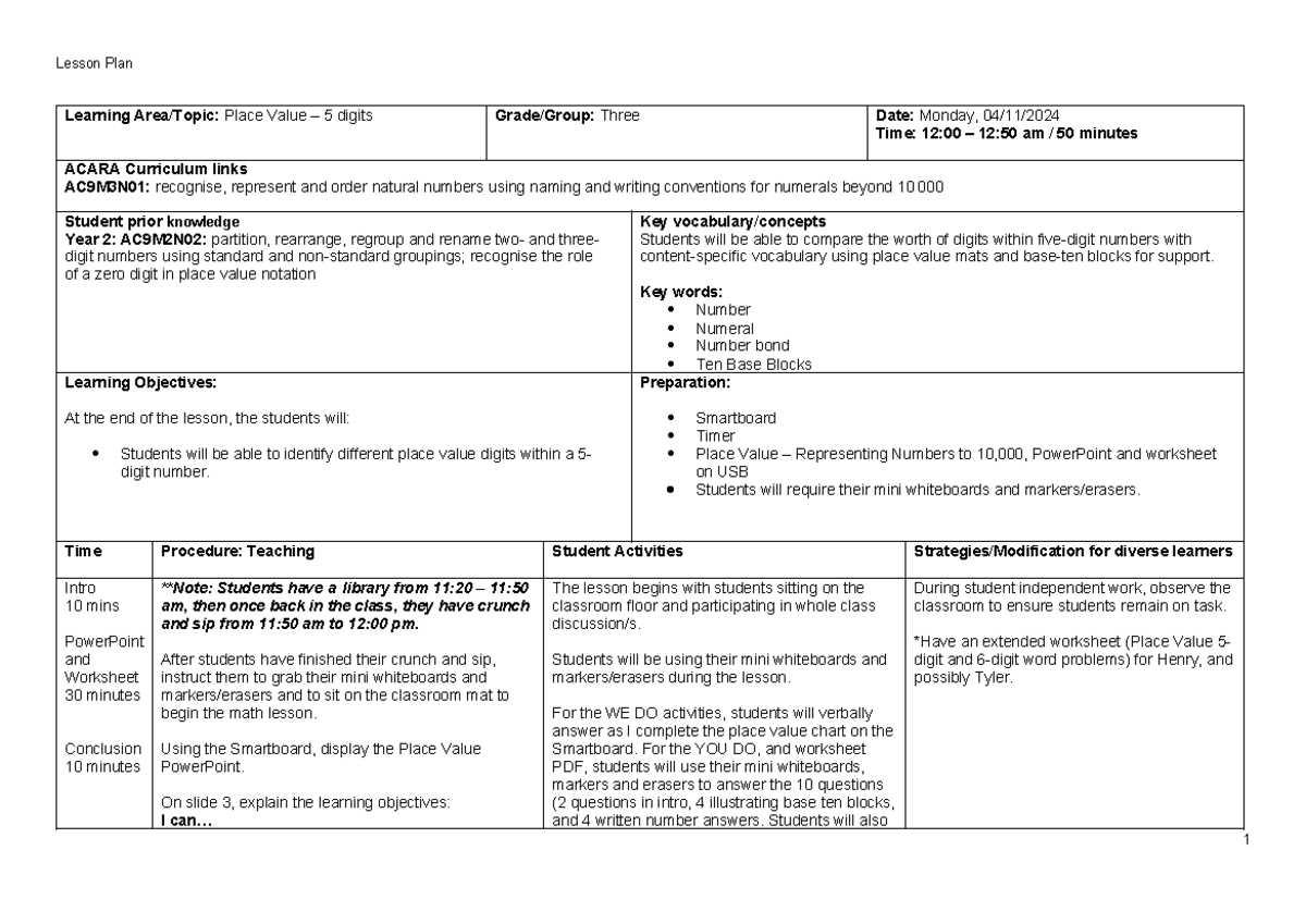 Maths - Place Value Lesson Plan - Learning Area/Topic: Place Value – 5 ...