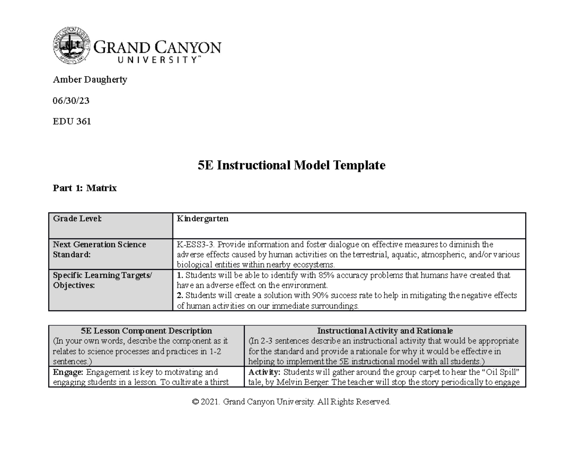 ELM-361 Topic 2 Assignment - Amber Daugherty 06/30/ EDU 361 5E ...