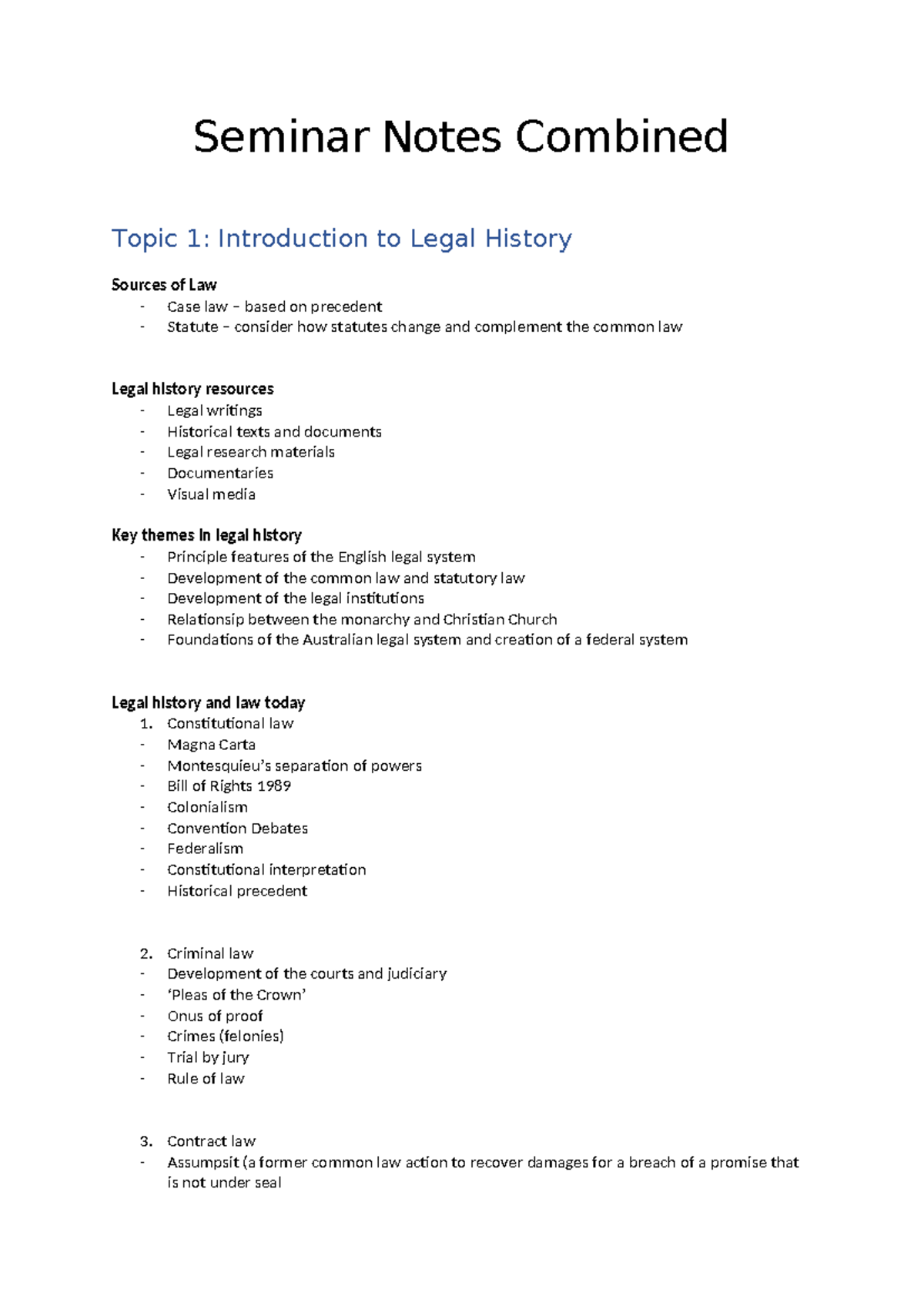 Laws 1020 exam notes - Seminar Notes Combined Topic 1: Introduction to ...