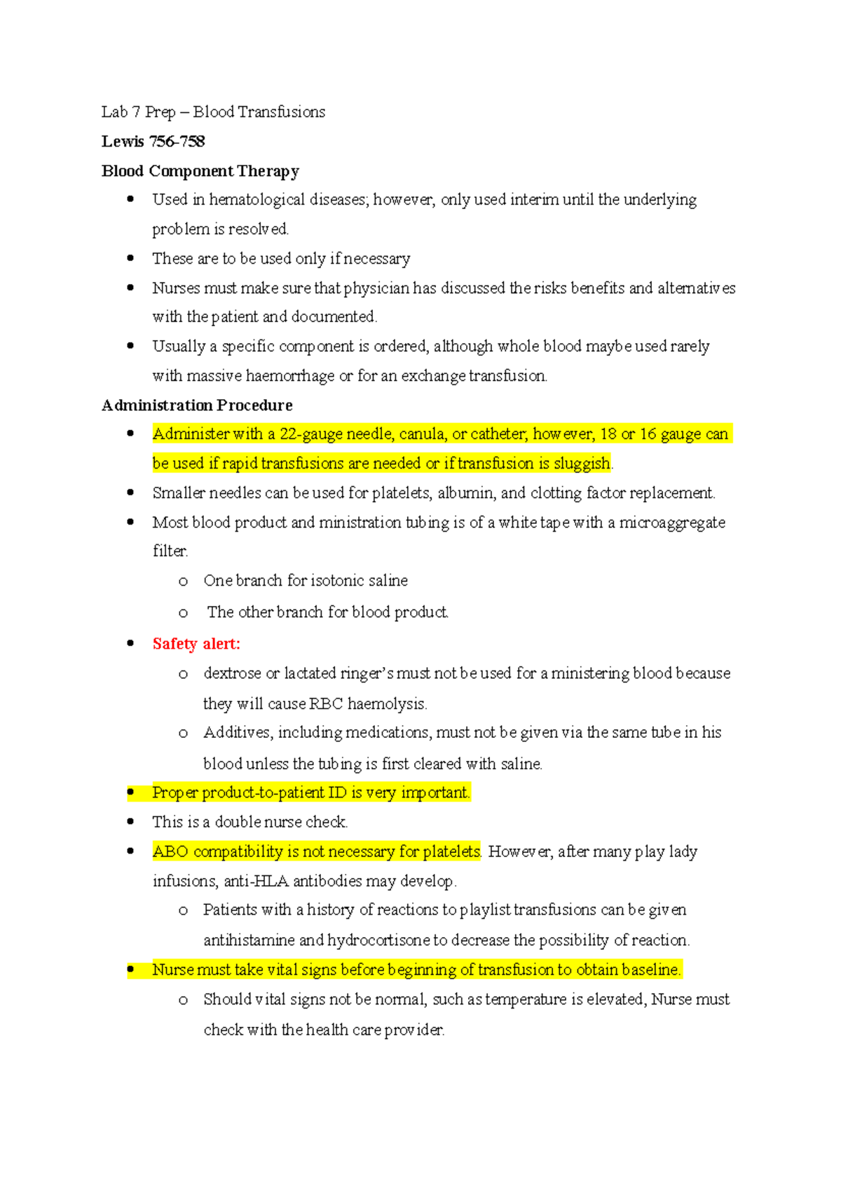 Lab 7 Blood Transfusions Lab 7 Prep Blood Transfusions Lewis 756 Blood Component Therapy