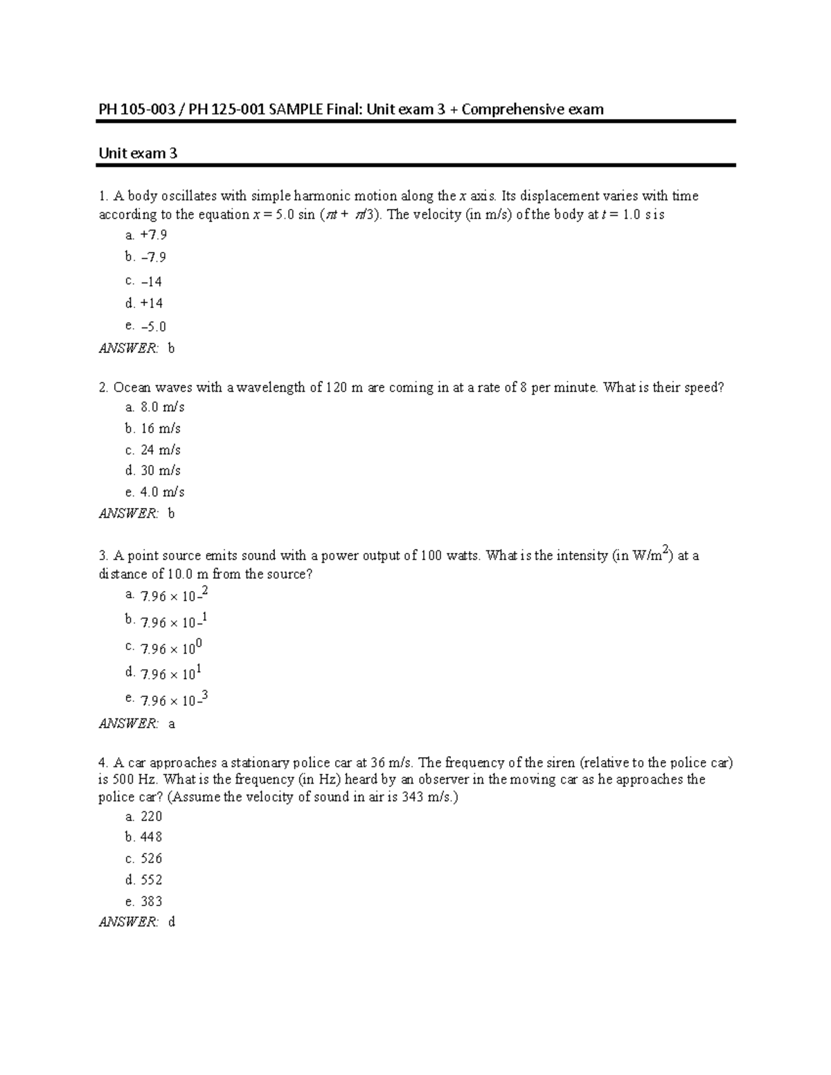 Sample Final Exam - PH 105-003 / PH 125-001 SAMPLE Final: Unit exam 3 ...