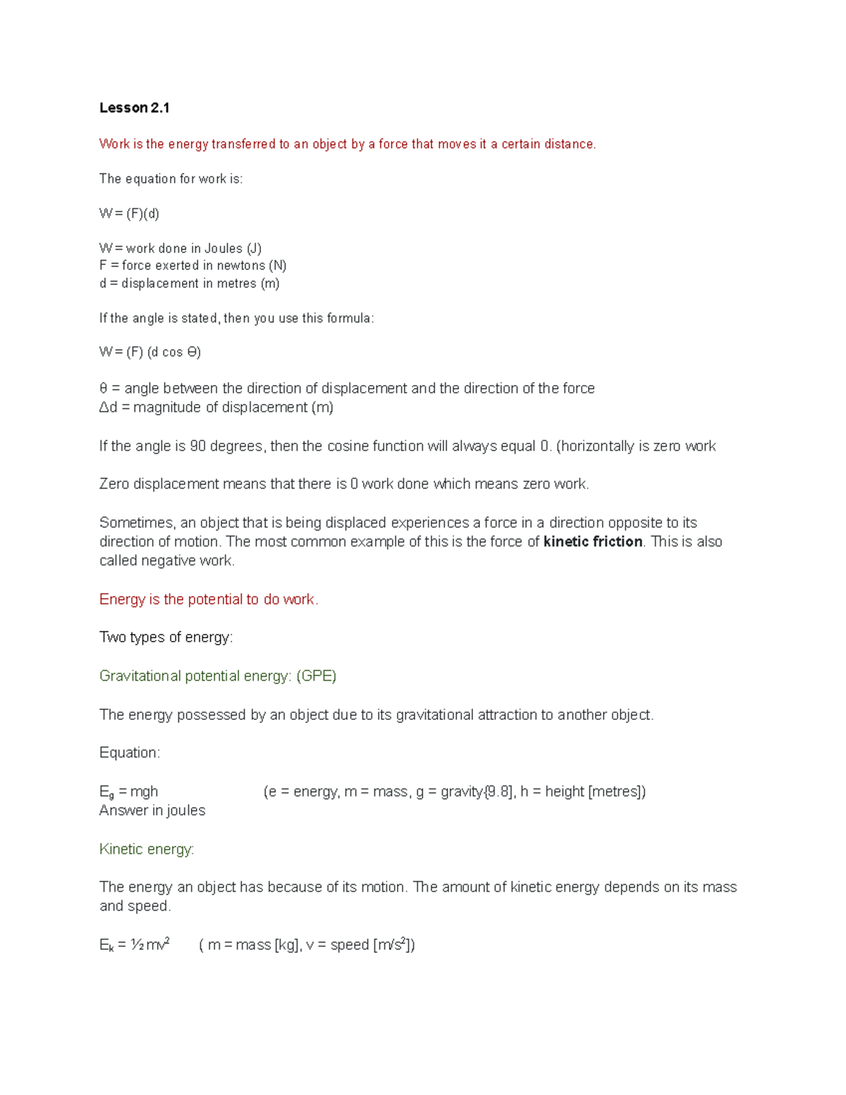 Sph4u Notes-pages-1-4 - Lesson 2. Work Is The Energy Transferred To An ...