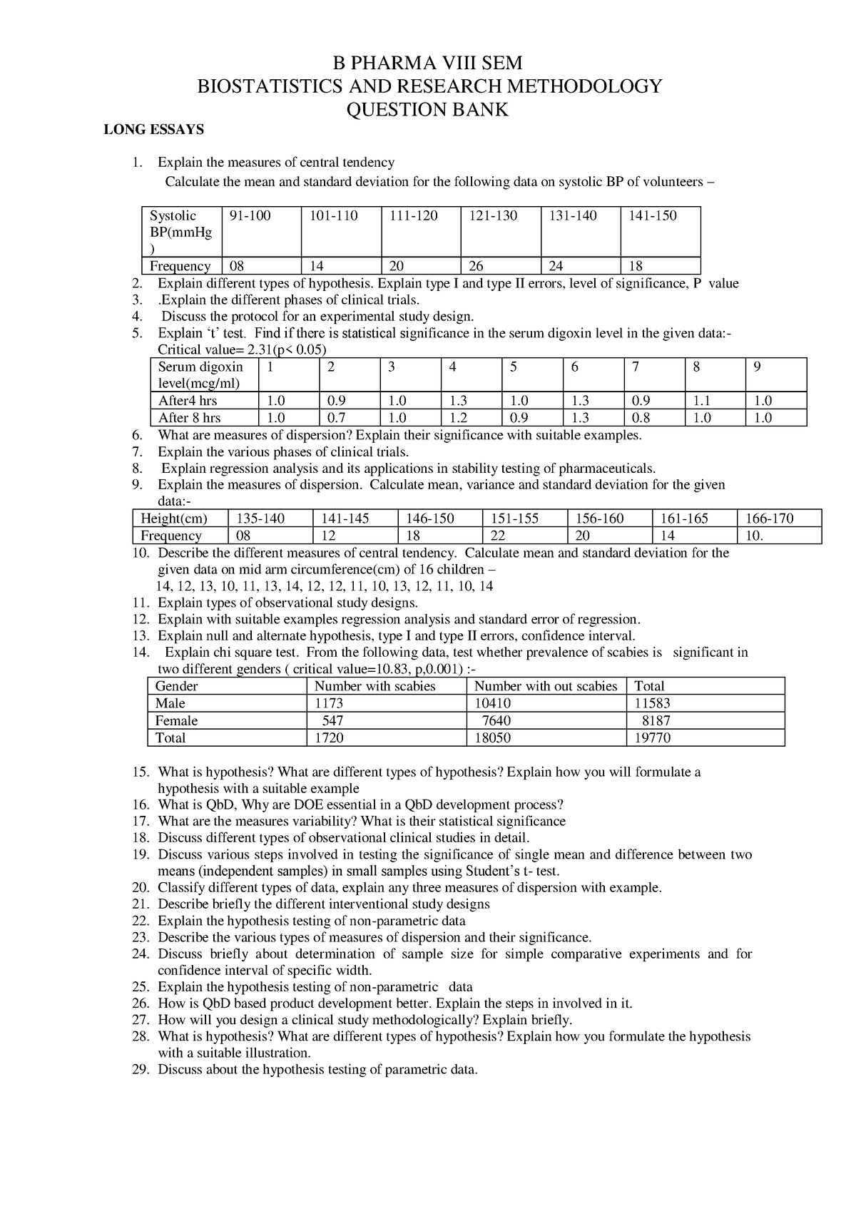 biostatistics and research methodology question bank pdf