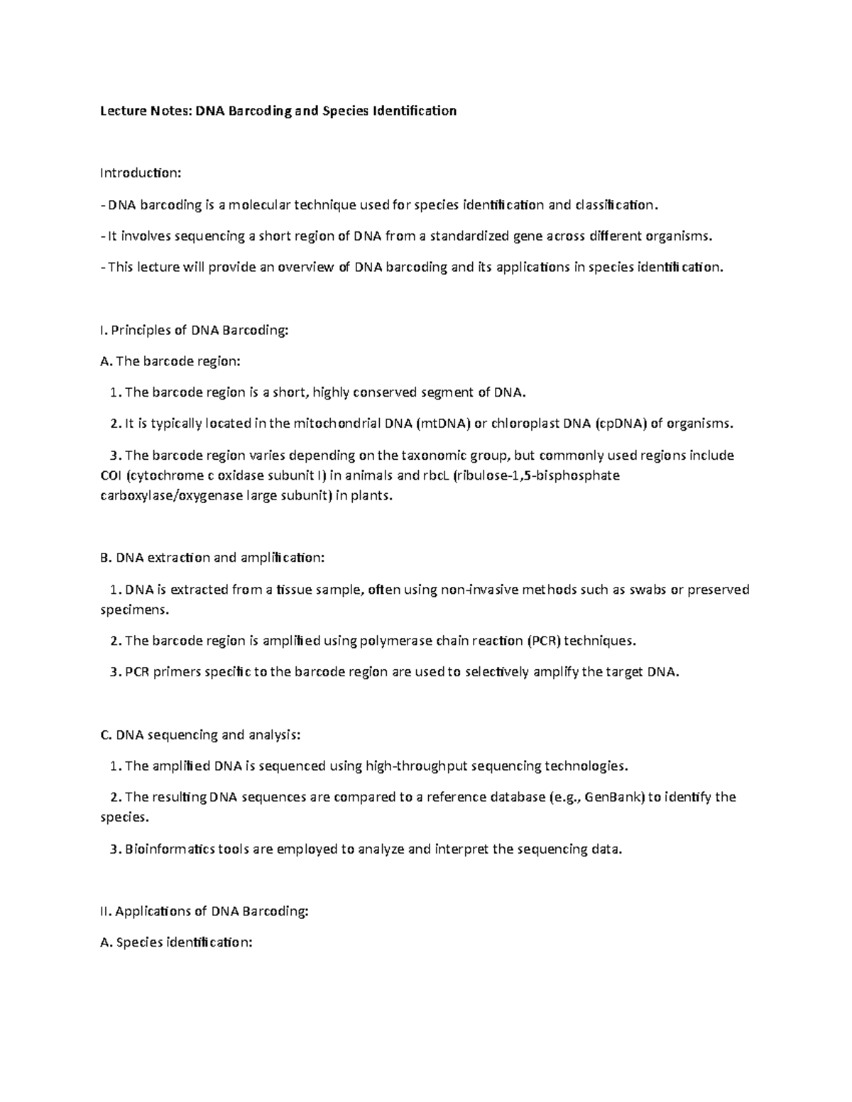 DNA Barcoding and Species Identification - Lecture Notes: DNA Barcoding ...