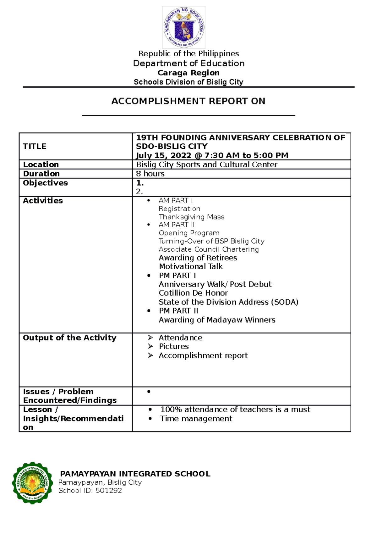 Accomplishment-Report-Template - Republic Of The Philippines Department ...