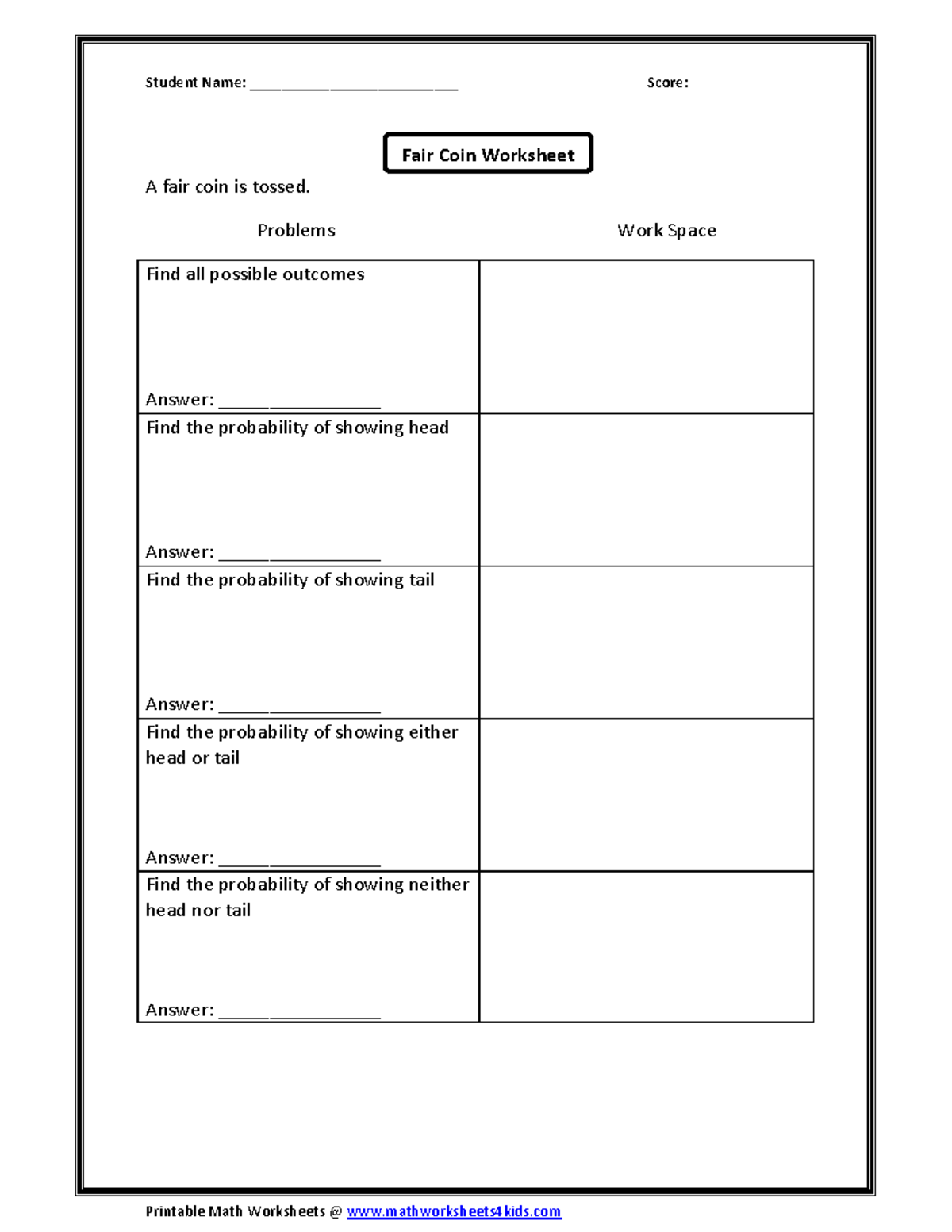 Coin - ILLUSTRATIVE MATERIALS ON PROBABILITY - Student Name ...
