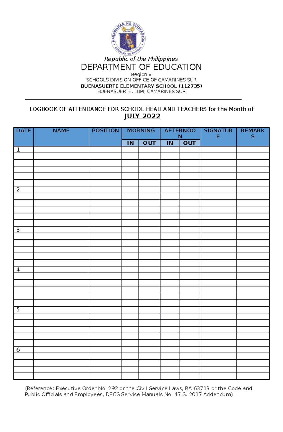 Logbook for School Heads - Republic of the Philippines DEPARTMENT OF ...