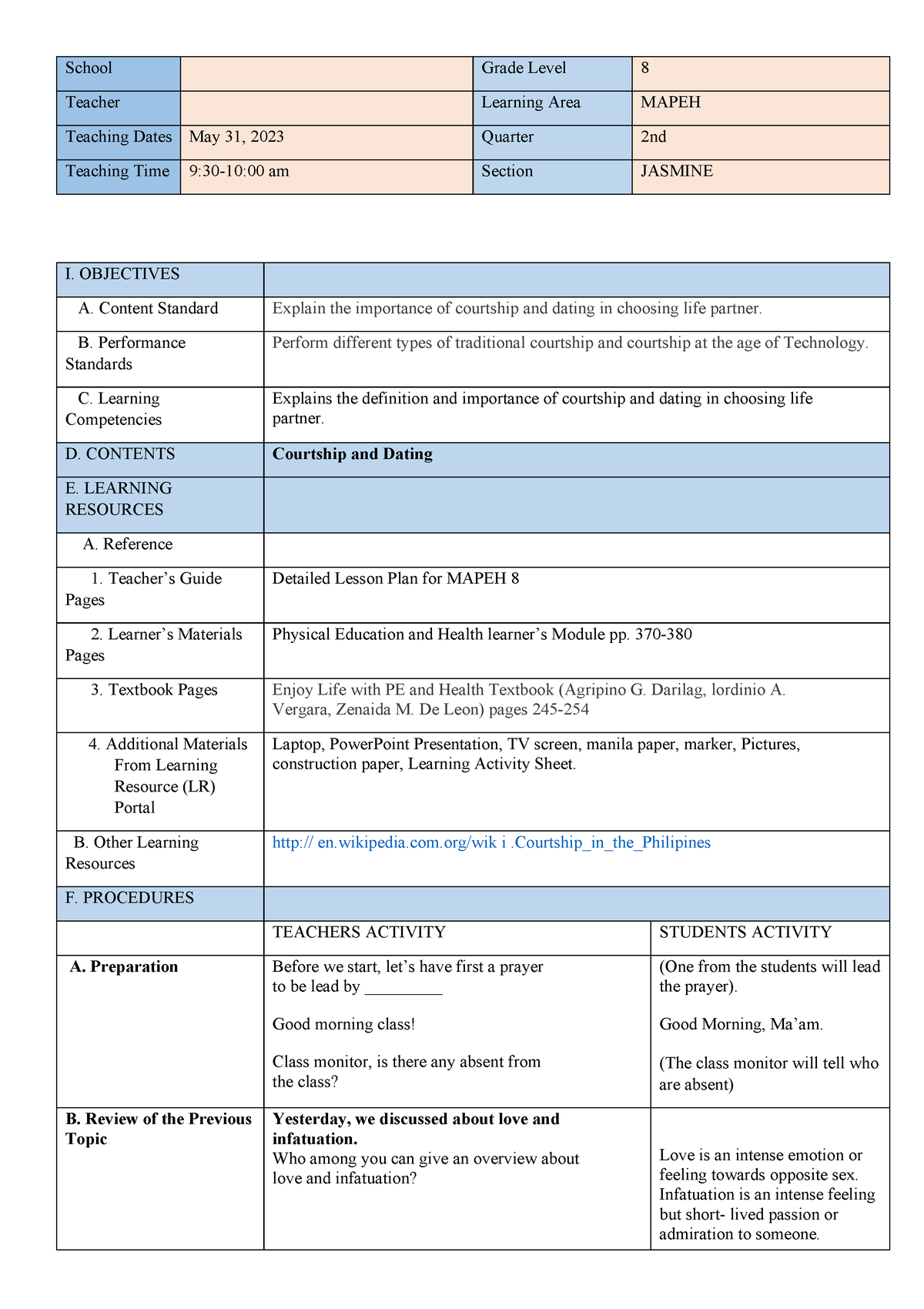 Lessonplan Health Q2 - School Grade Level 8 Teacher Learning Area MAPEH ...