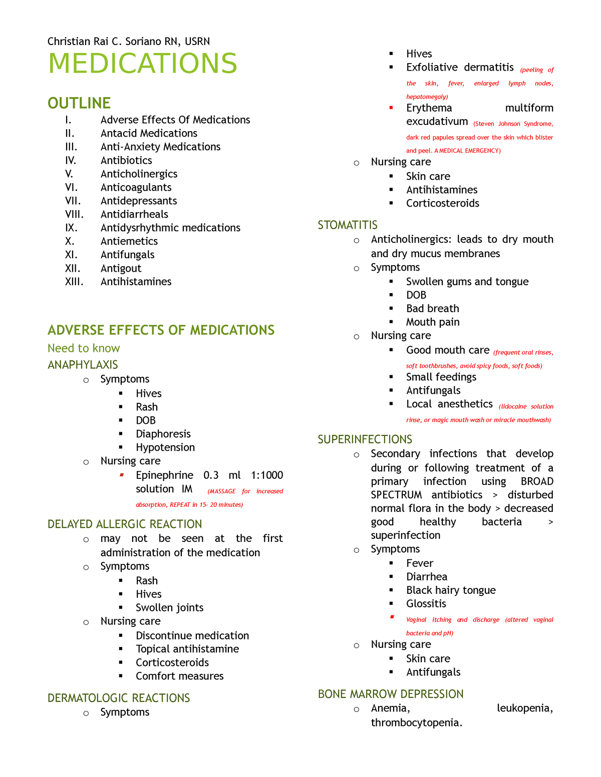 Medications - reviewer - MEDICATIONS OUTLINE I. Adverse Effects Of ...