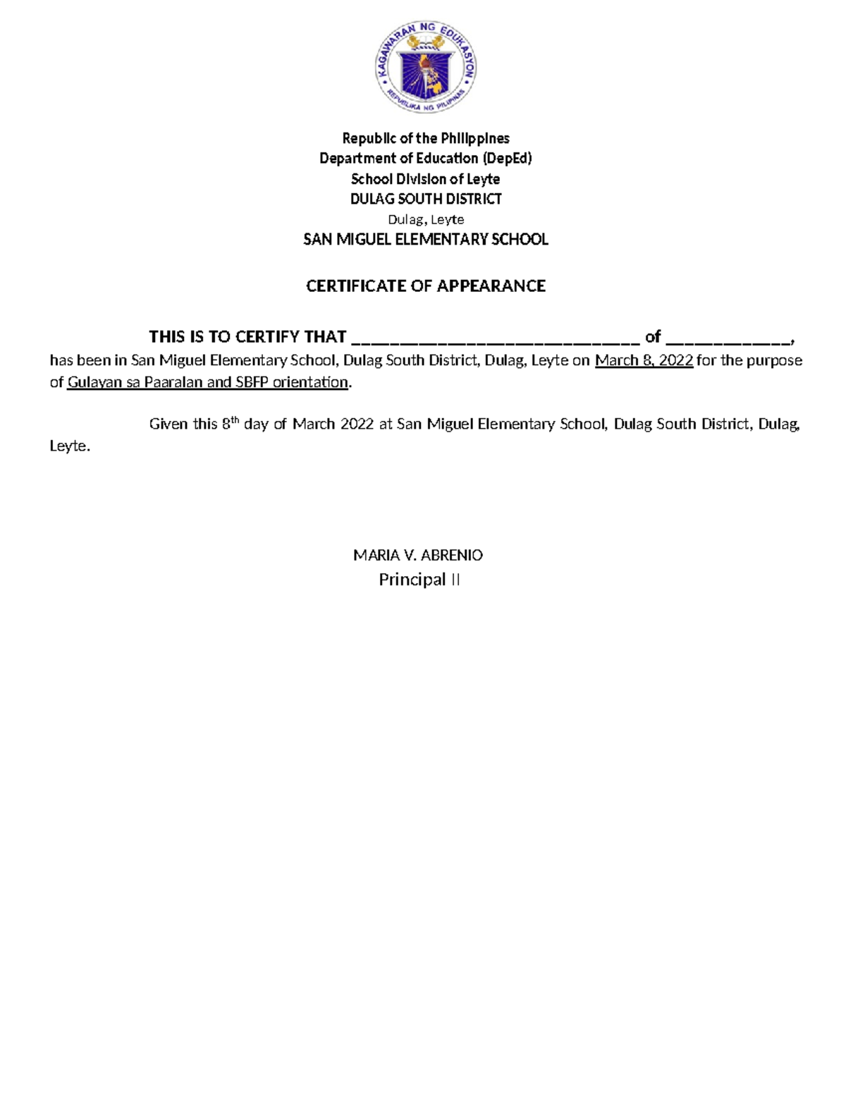 Republic of the Philippines ACR Certification Gulayan SBFP - Republic ...