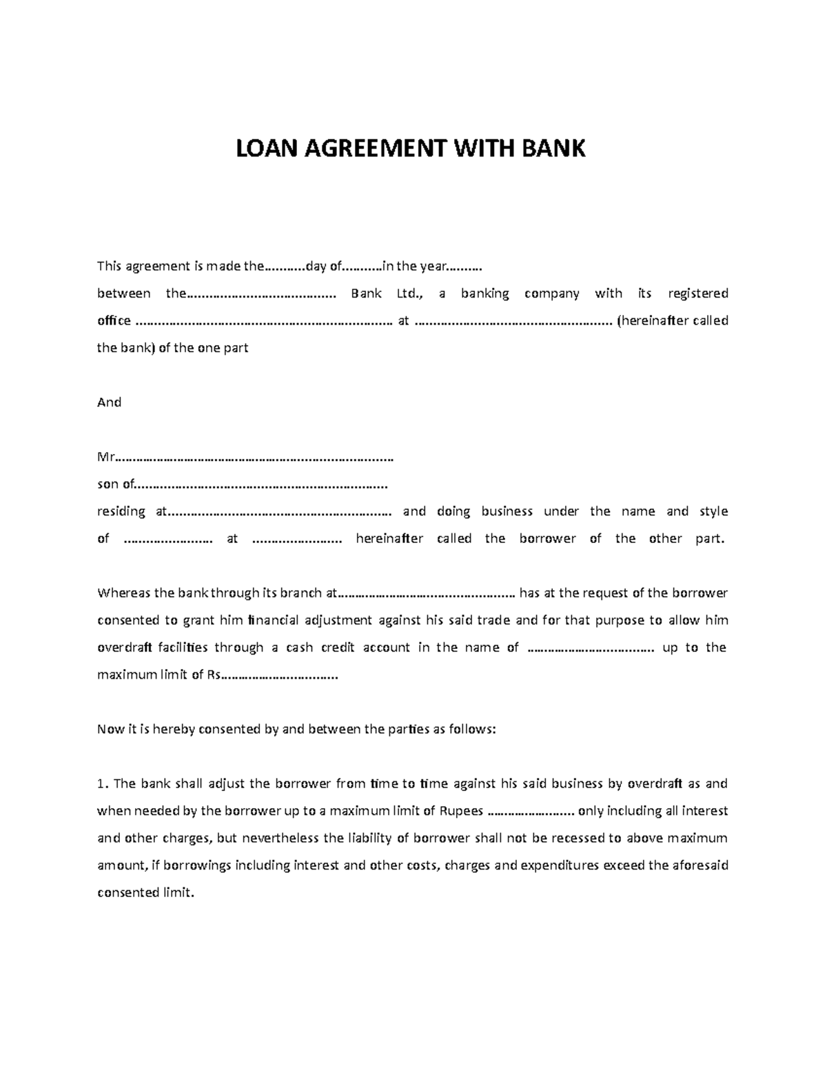 LOAN Agreement WITH BANK - LOAN AGREEMENT WITH BANK This agreement is ...