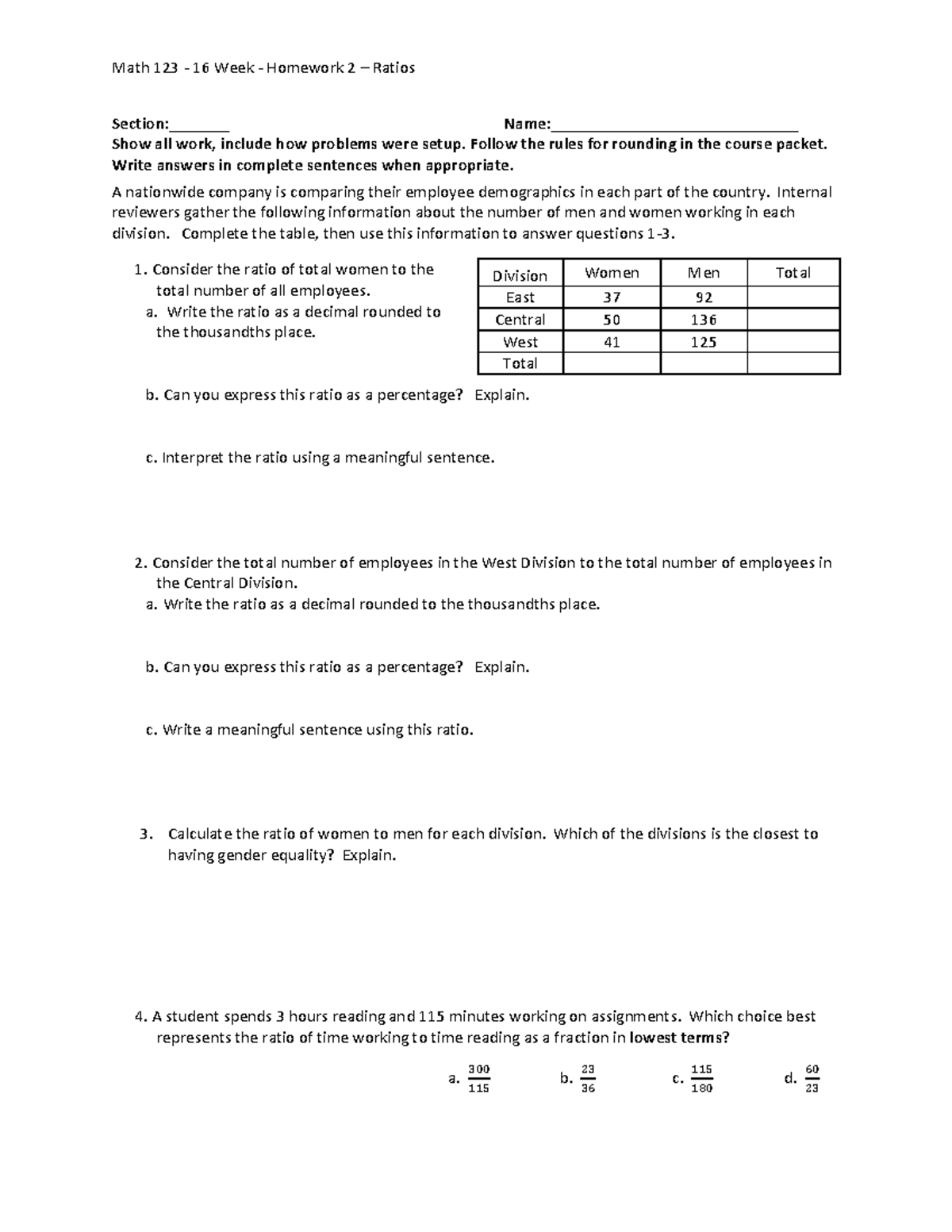 16 Homework 2 - Math 123 - 16 Week - Homework 2 – Ratios Section ...