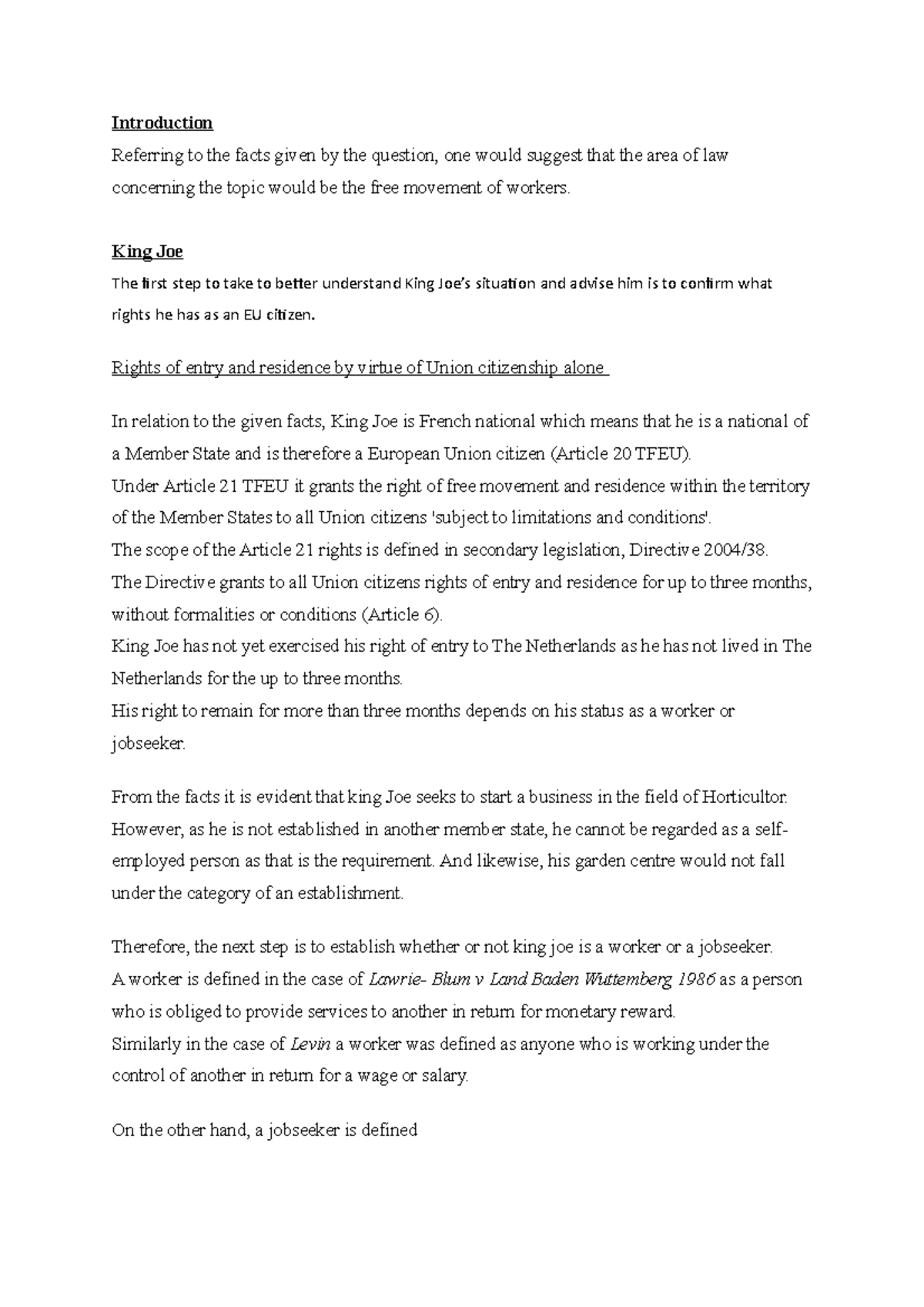 Final EU LAW Answer - Introduction Referring to the facts given by the ...