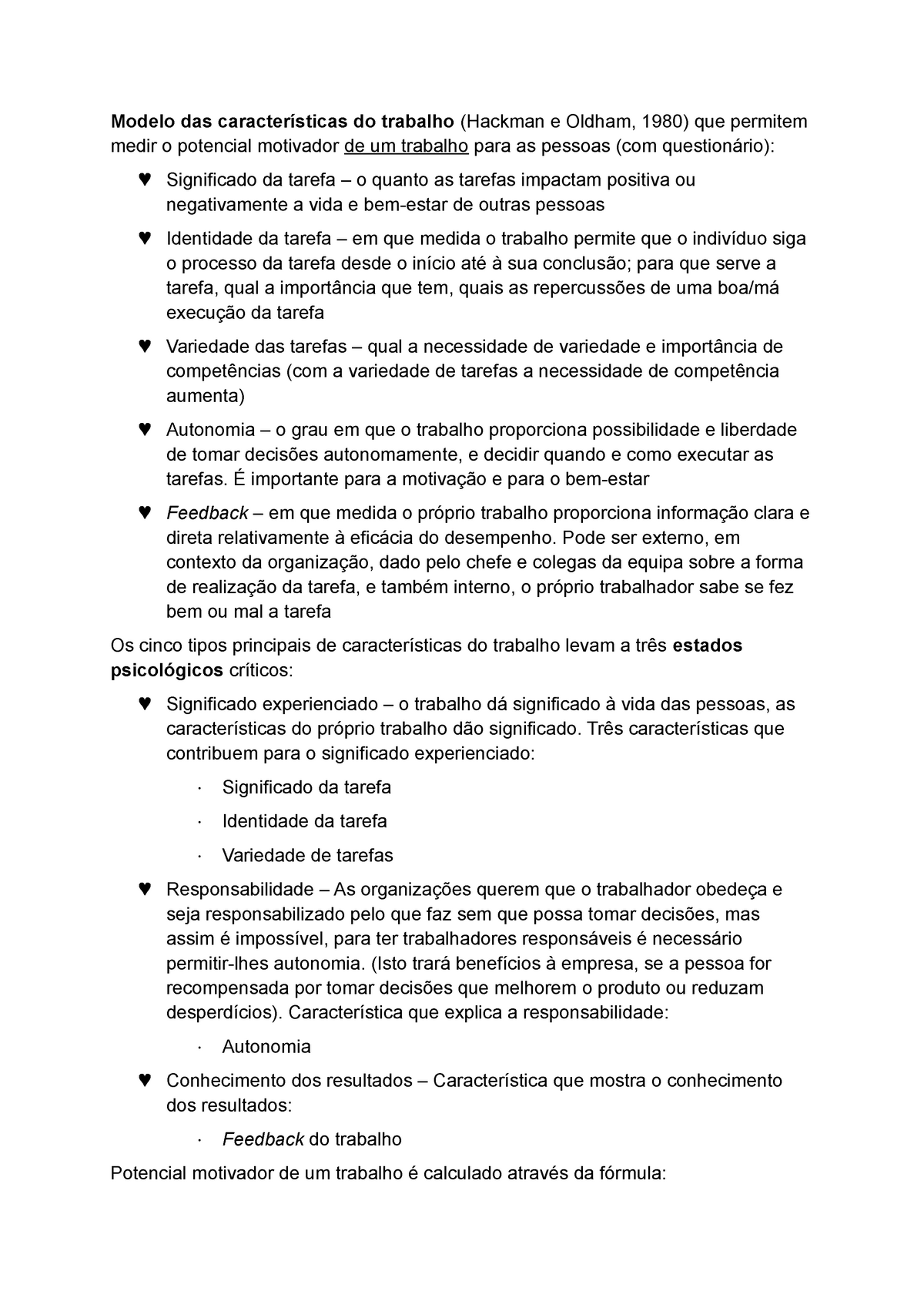 Modelo das características do trabalho - Modelo das características do  trabalho (Hackman e Oldham, - Studocu