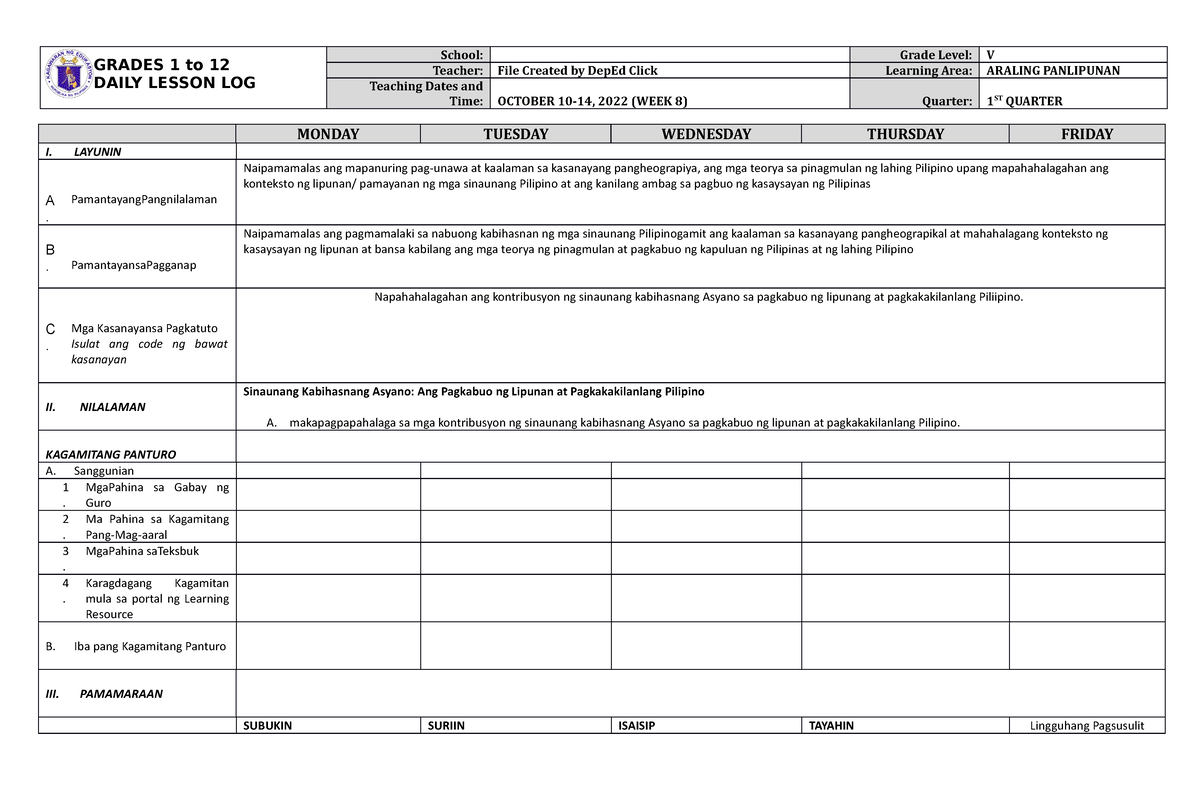 Dll Araling Panlipunan 5 Q1 W8 Grades 1 To 12 Daily Lesson Log School Grade Level V Teacher 6711