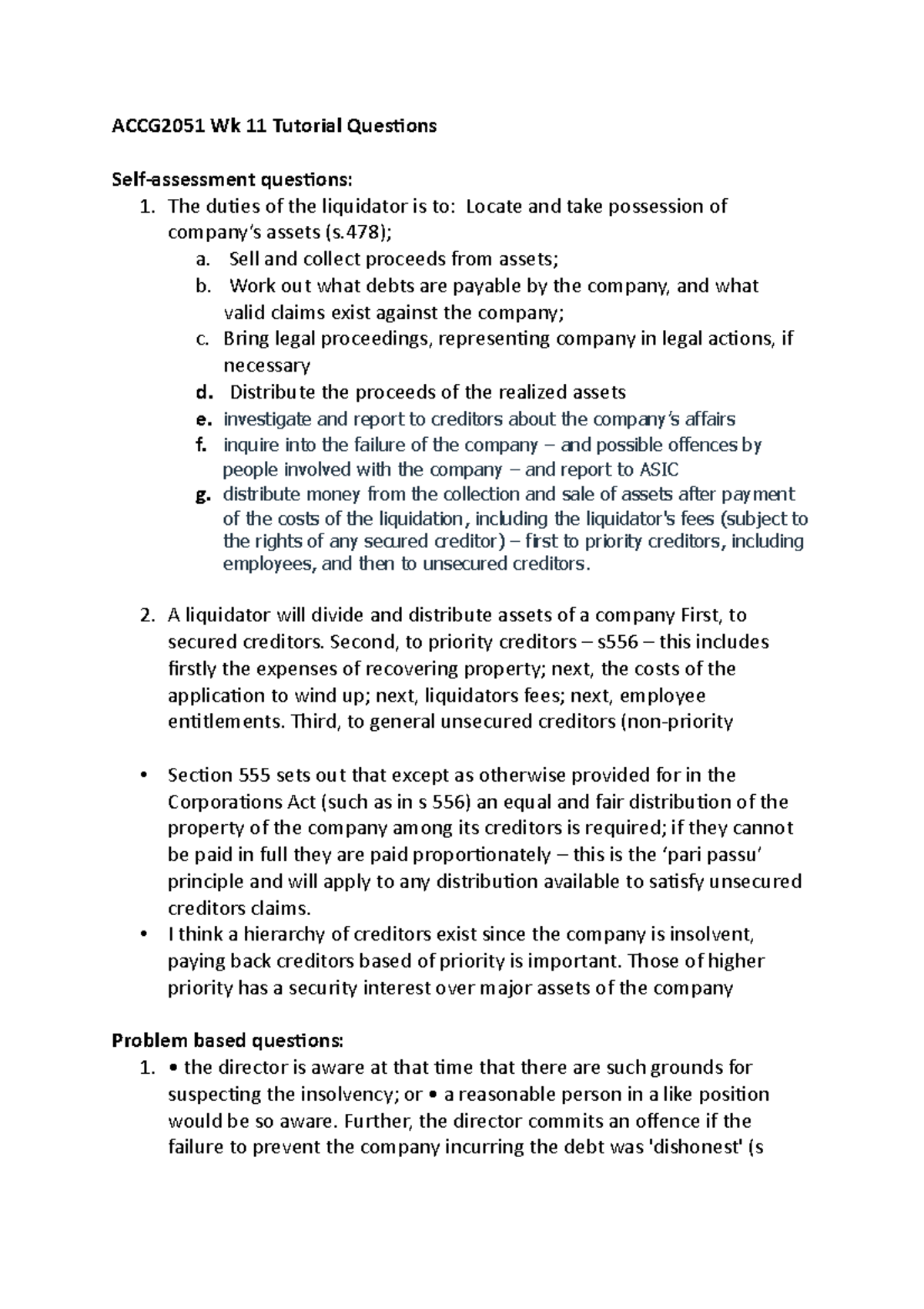 ACCG2051 Wk 12 Tutorial Questions - ACCG2051 Wk 11 Tutorial Questions ...