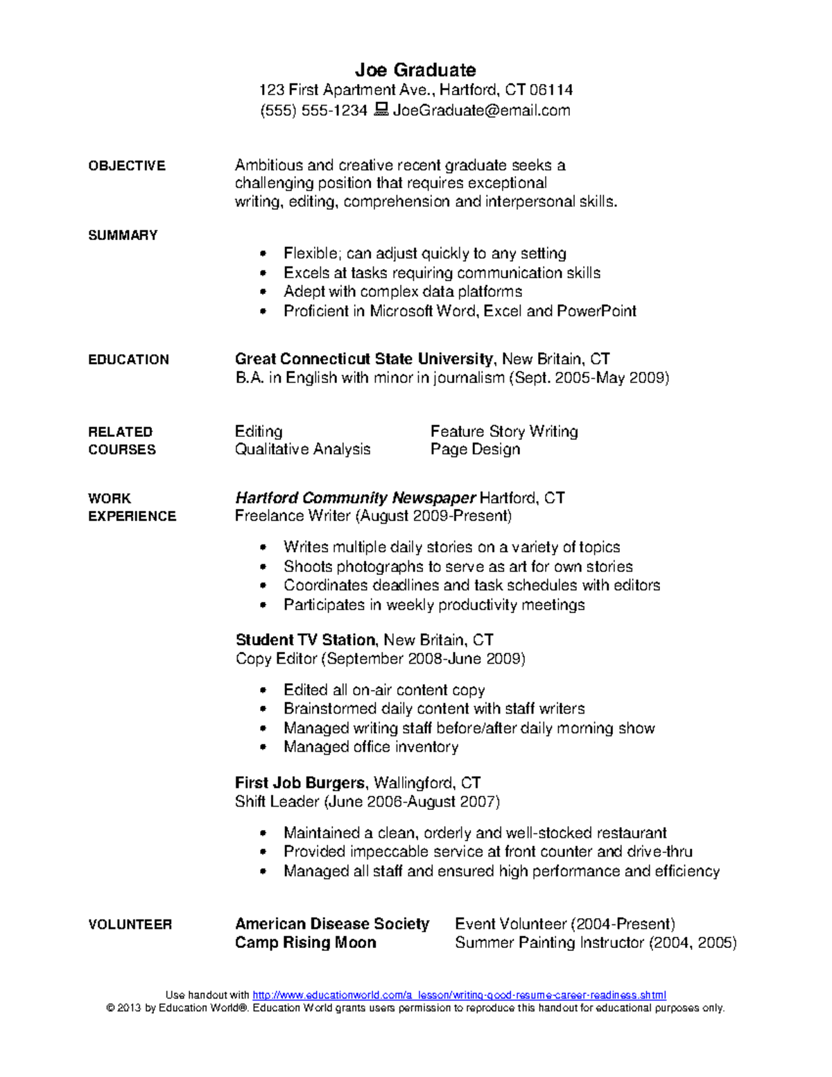 READING AND WRITING - EXAMPLES OF GOOD RESUMES - Joe Graduate 123 First ...