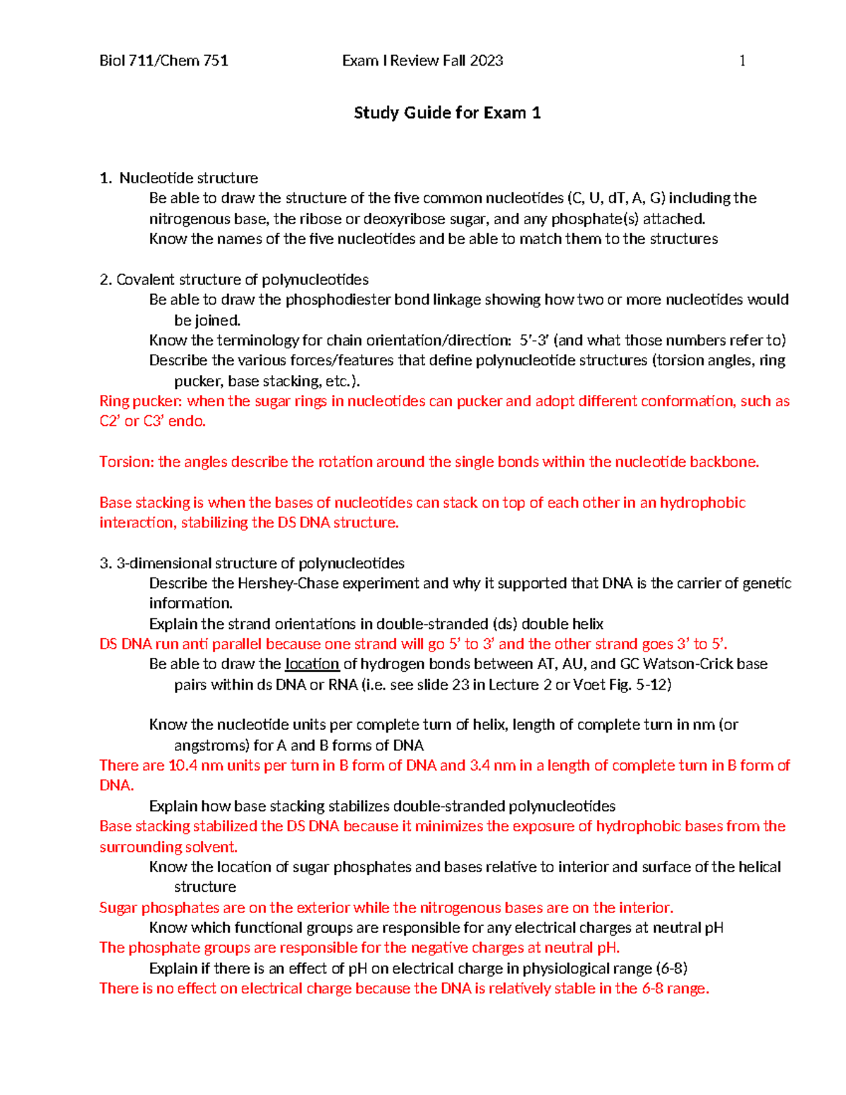 Exam1 guide 1 - Study Guide for Exam 1 Nucleotide structure Be able to ...