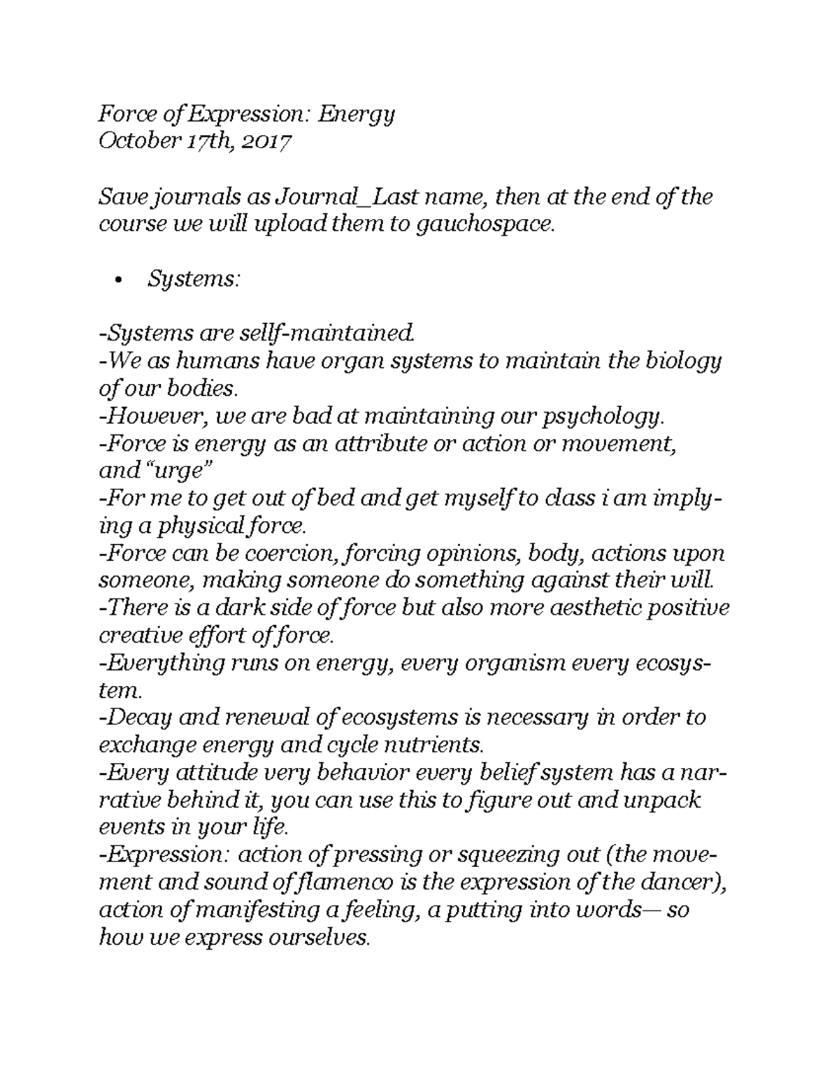 Ecopsych Lecture 4 Energy - Force of Expression: Energy October 17th ...