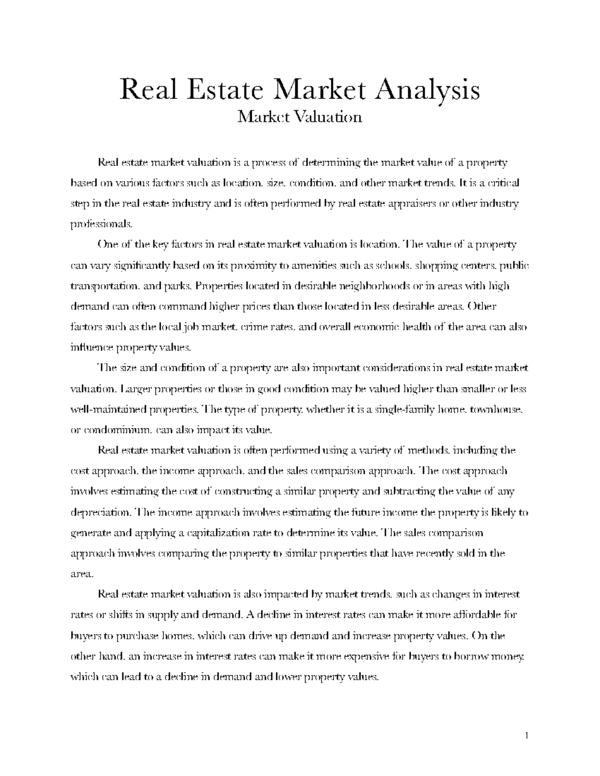 Market Valuation Essay Real Estate Market Analysis Market Valuation Real estate market