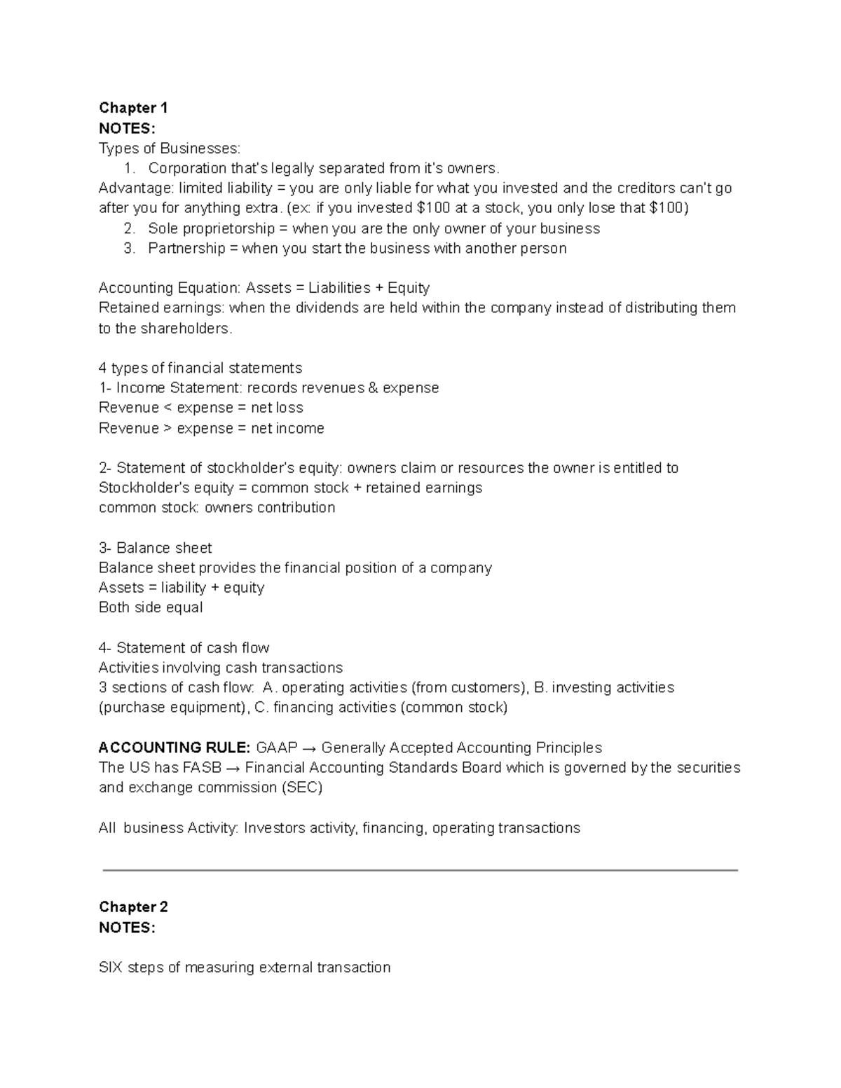 Notes ch 1 & 2 - Chapter 1 NOTES: Types of Businesses: 1. Corporation ...