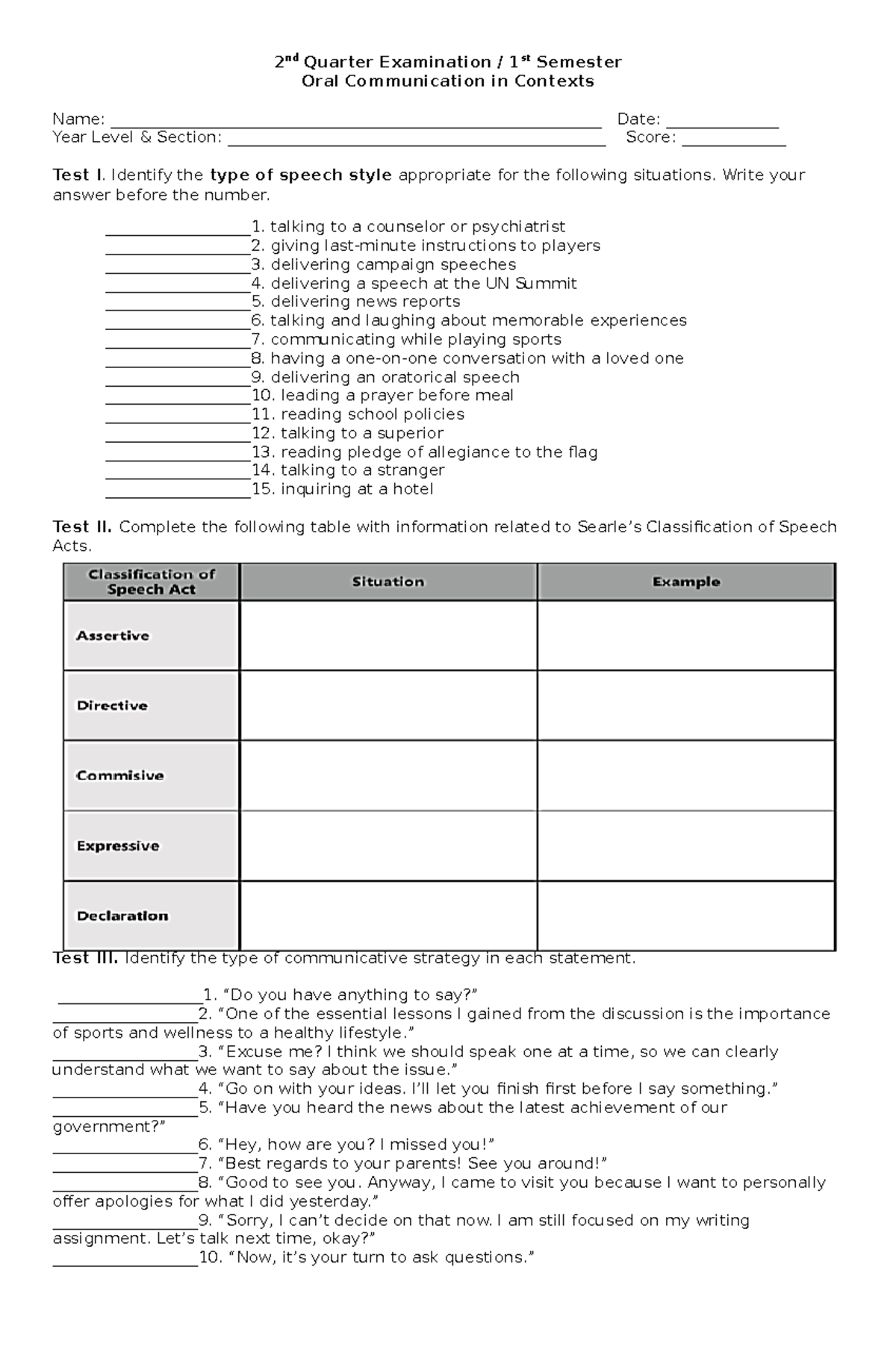 2nd Quarter Exam - Exam - 2 nd Quarter Examination / 1st Semester Oral ...