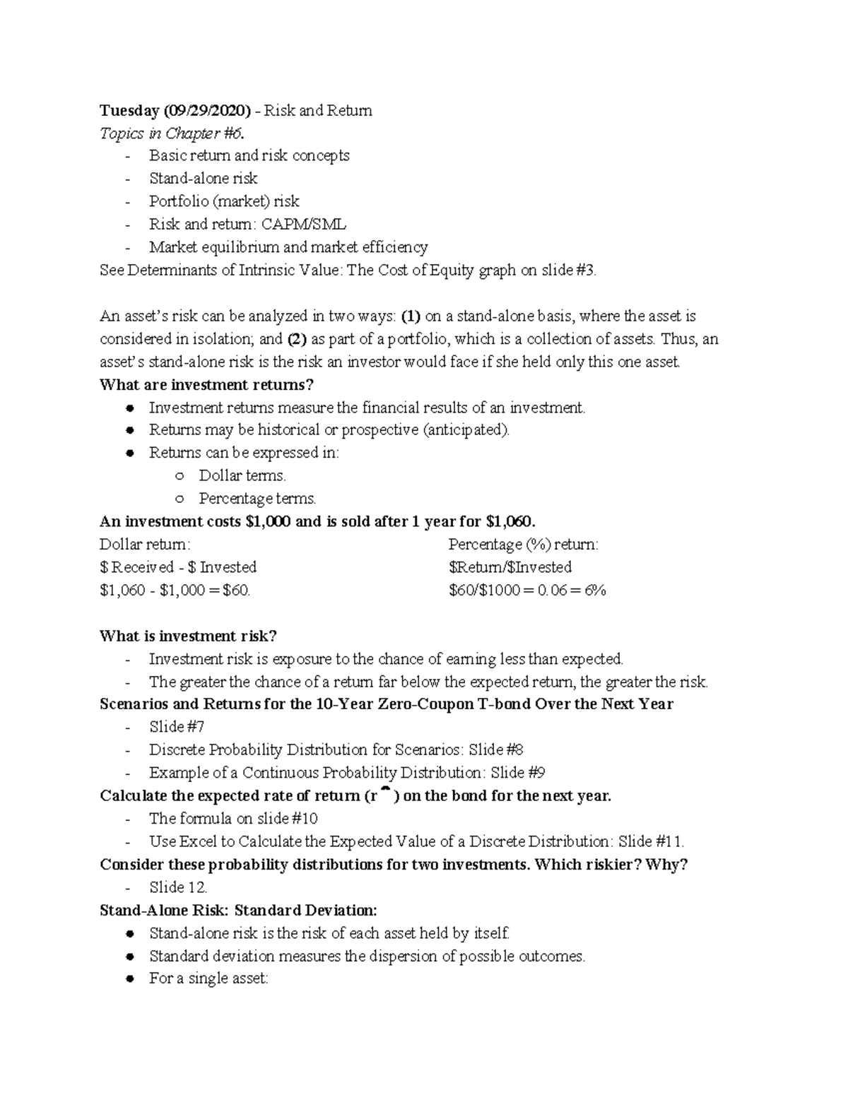 Chapter 6. Notes - Tuesday (09/29/2020) - Risk and Return Topics in ...