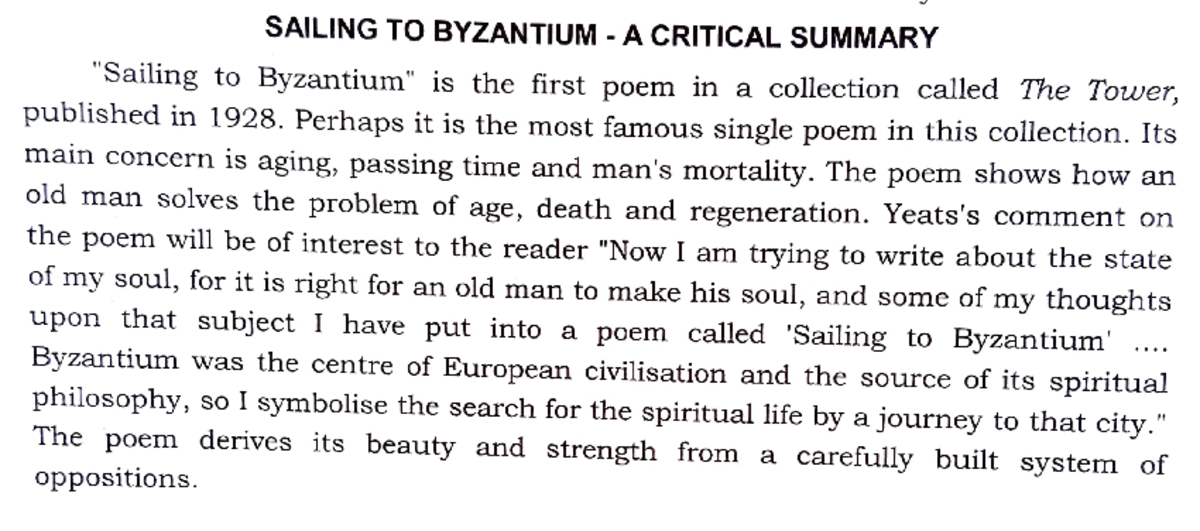 Aristotle poetry SAILING TO BYZANTIUM A CRITICAL SUMMARY Tower