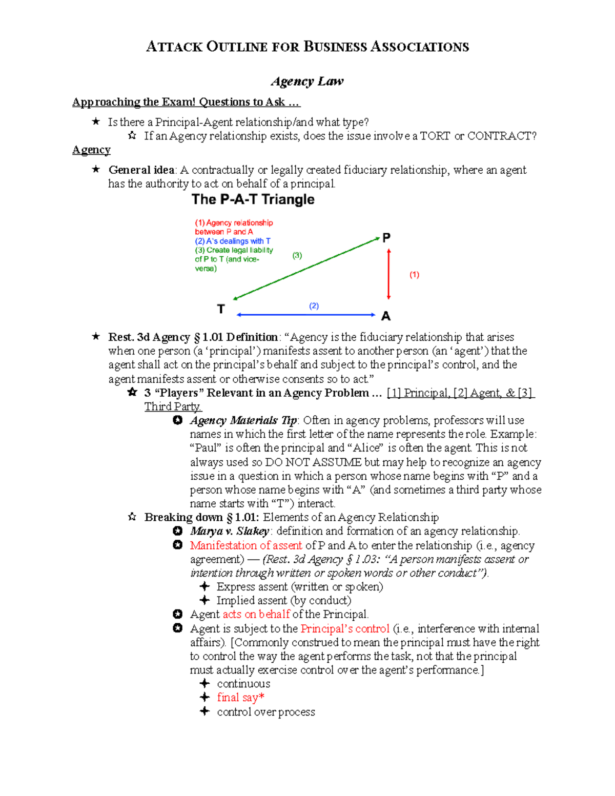 Attack outline Agency Law Approaching the Exam! Questions to Ask