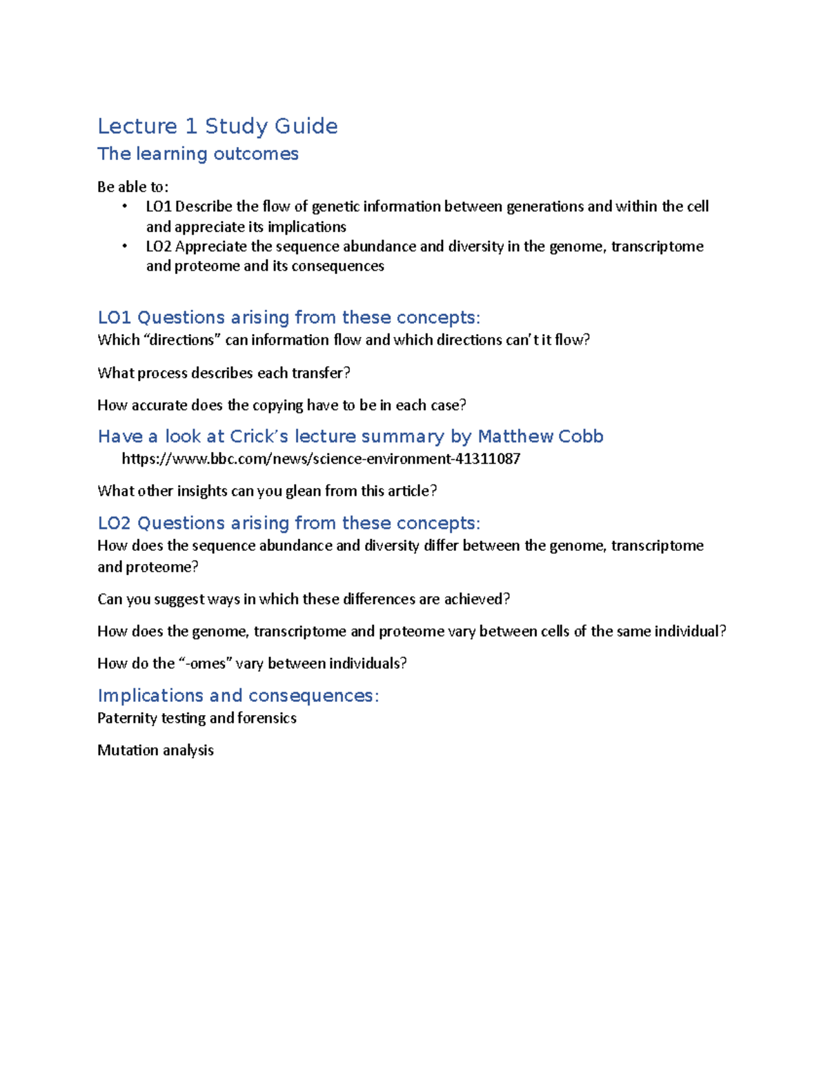 Study Guide 1 19 - Lecture 1 Study Guide The learning outcomes Be able ...