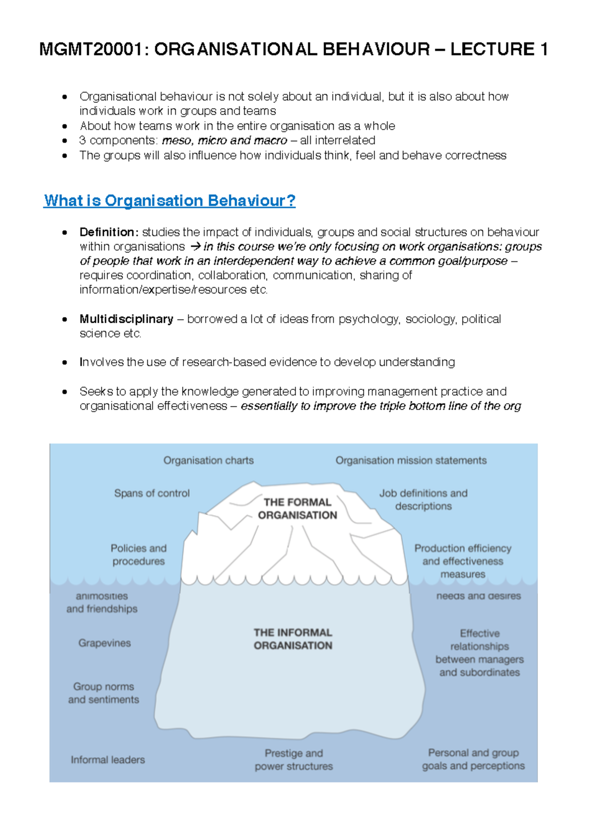 MGMT2000 1 Lecture Notes - MGMT20001: ORGANISATIONAL BEHAVIOUR ...