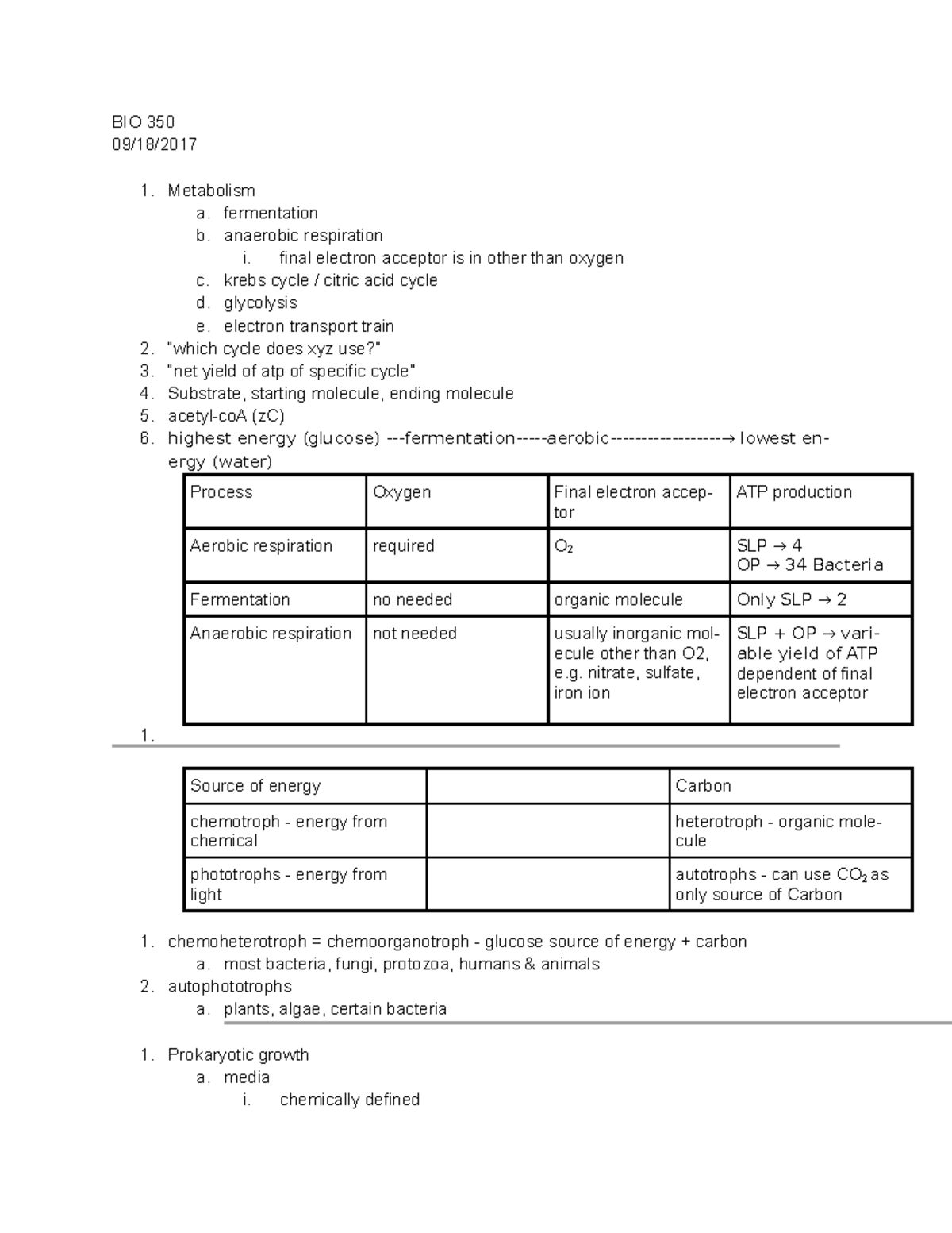BIO 350 09182017 exam BIO 350 09/18/2017 1. Metabolism a