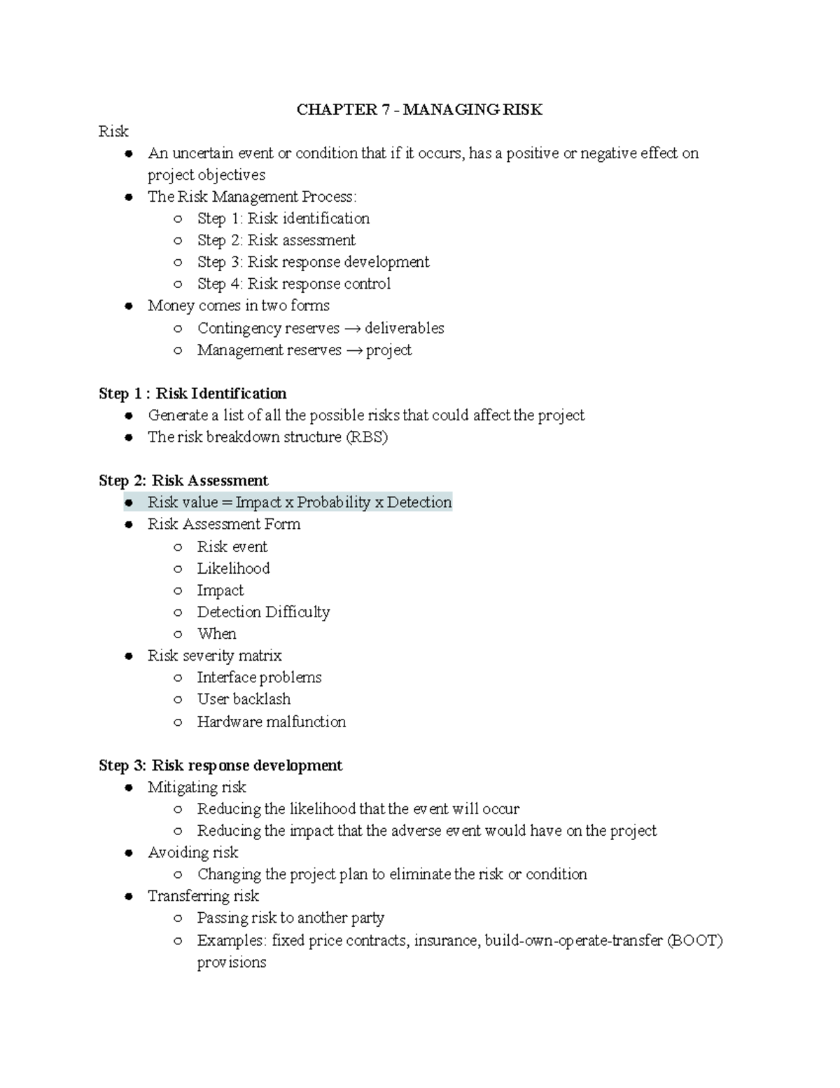 Chapter 7 - MANAGING RISK - CHAPTER 7 - MANAGING RISK Risk An Uncertain ...