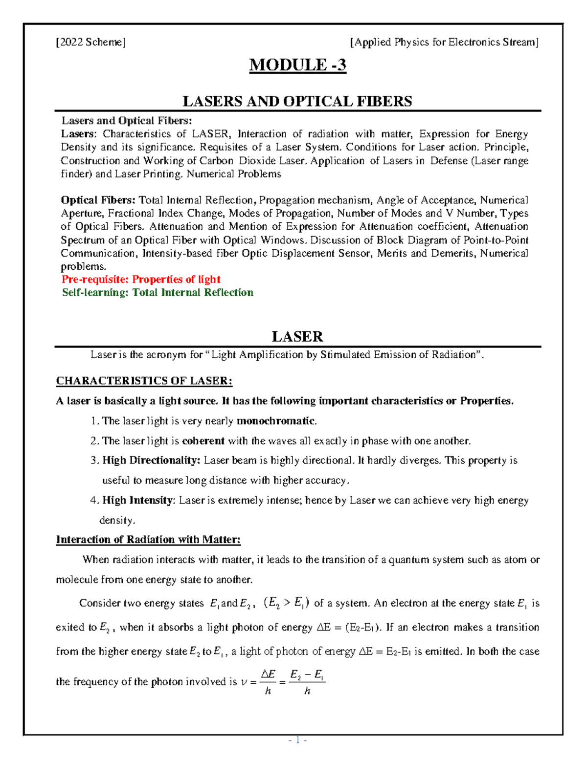 M3 - Notes for the vtu syllabus - MODULE - 3 LASERS AND OPTICAL FIBERS ...