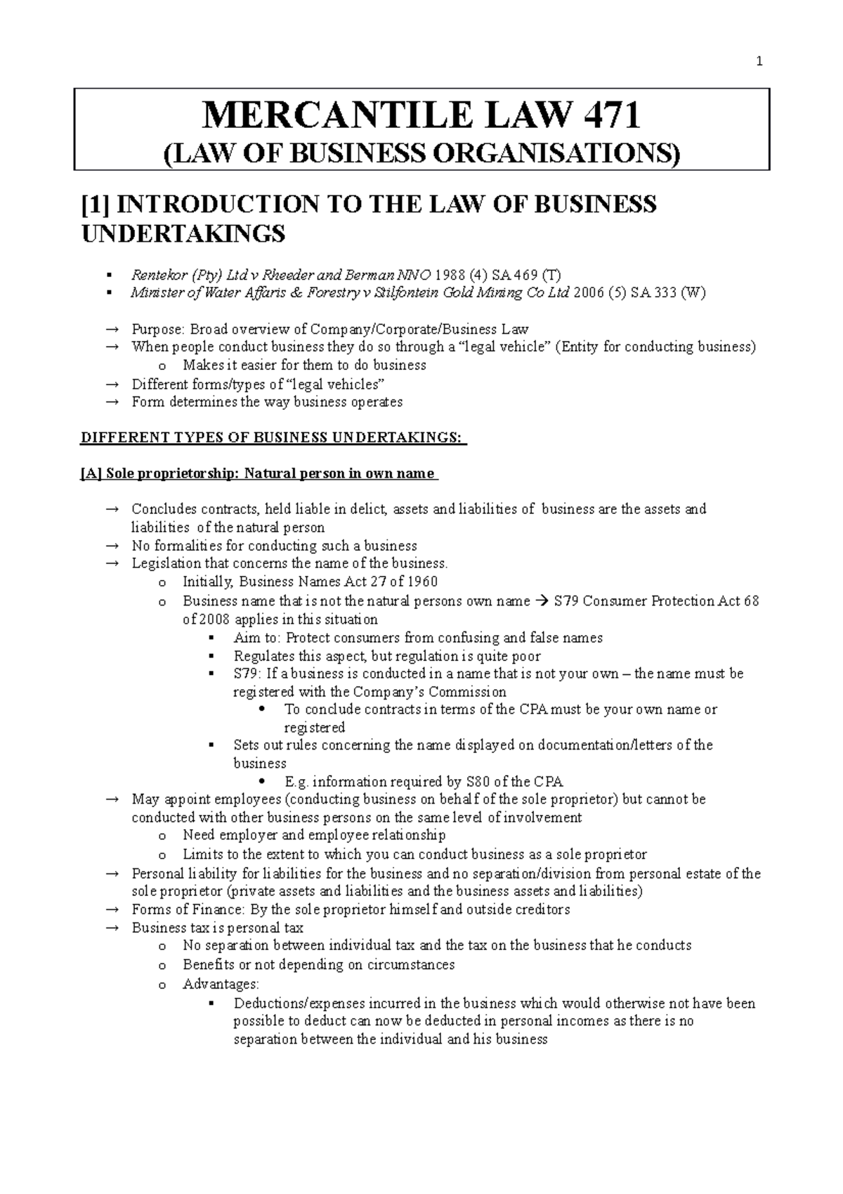 (1) Introduction to law of business organisations MERCANTILE LAW 471