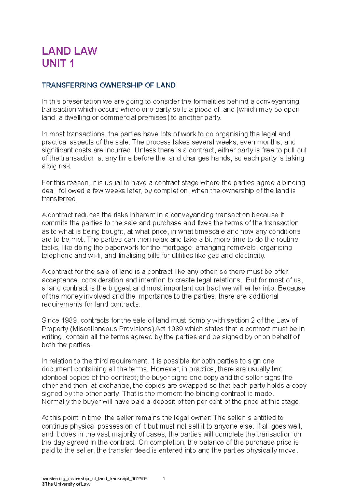 Transferring ownership of land transcript 002508 LAND LAW UNIT 1
