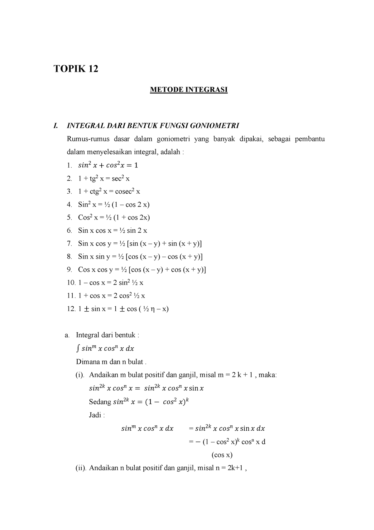 Aljabar Minggu XII Metode Integrasi - TOPIK 12 METODE INTEGRASI I ...