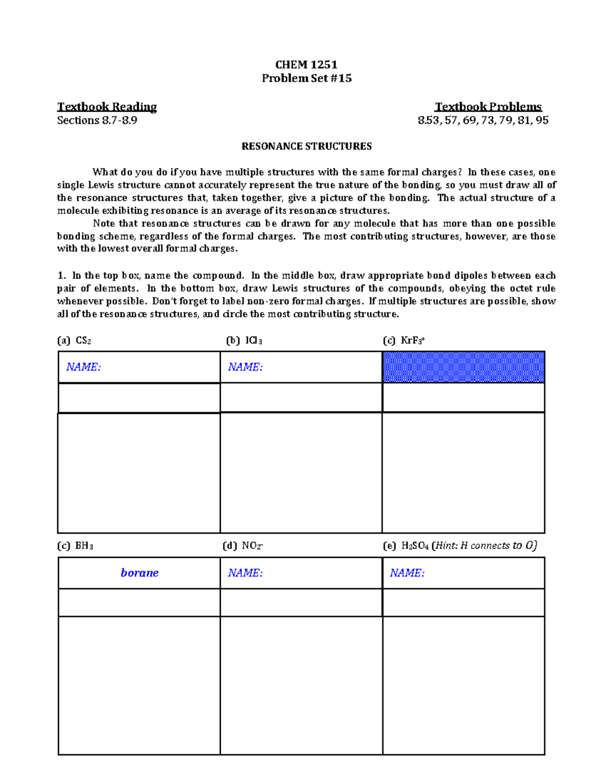 PS 15 - PS 15 - CHEM 1251 Problem Set Textbook Reading Textbook ...