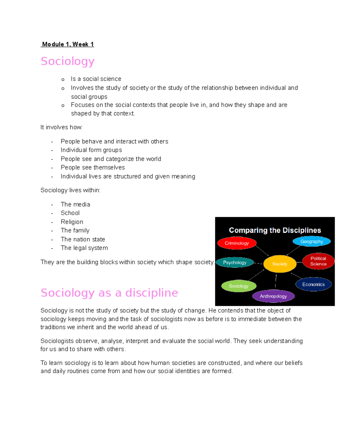 Understanding Society Notes - Module 1, Week 1 Sociology o Is a social ...