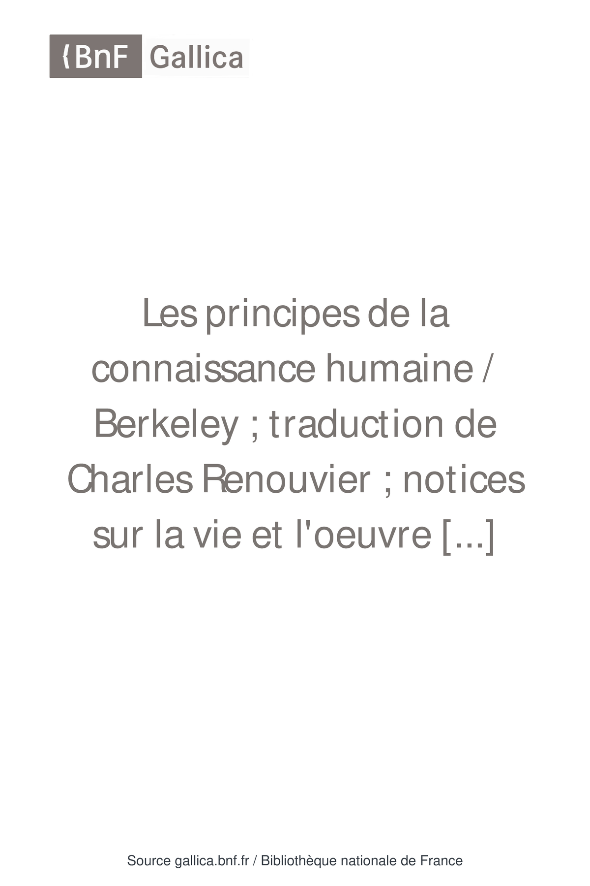 Berkeley Principe de la connaissance humaine (trad. Renouvier