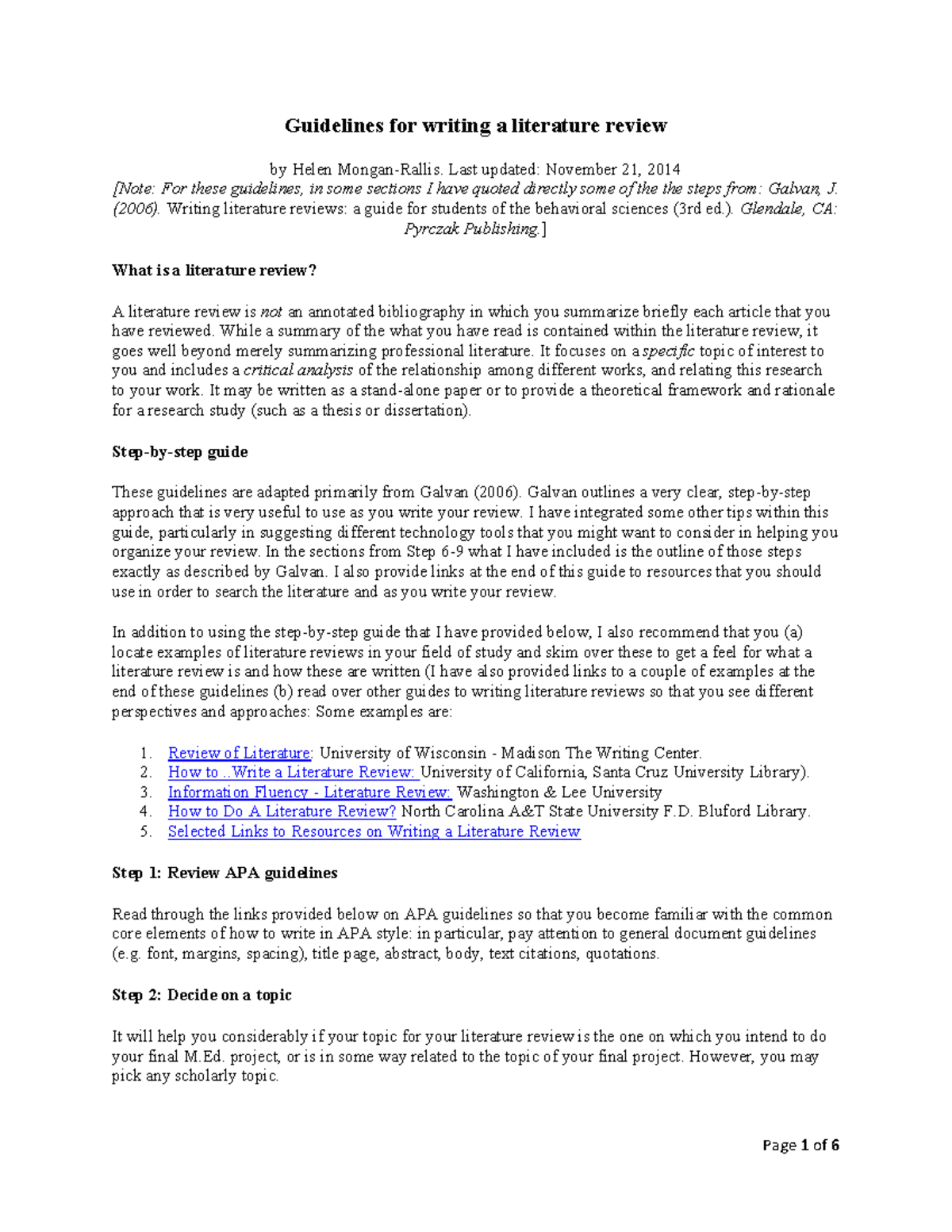 university of minnesota guidelines for writing a literature review