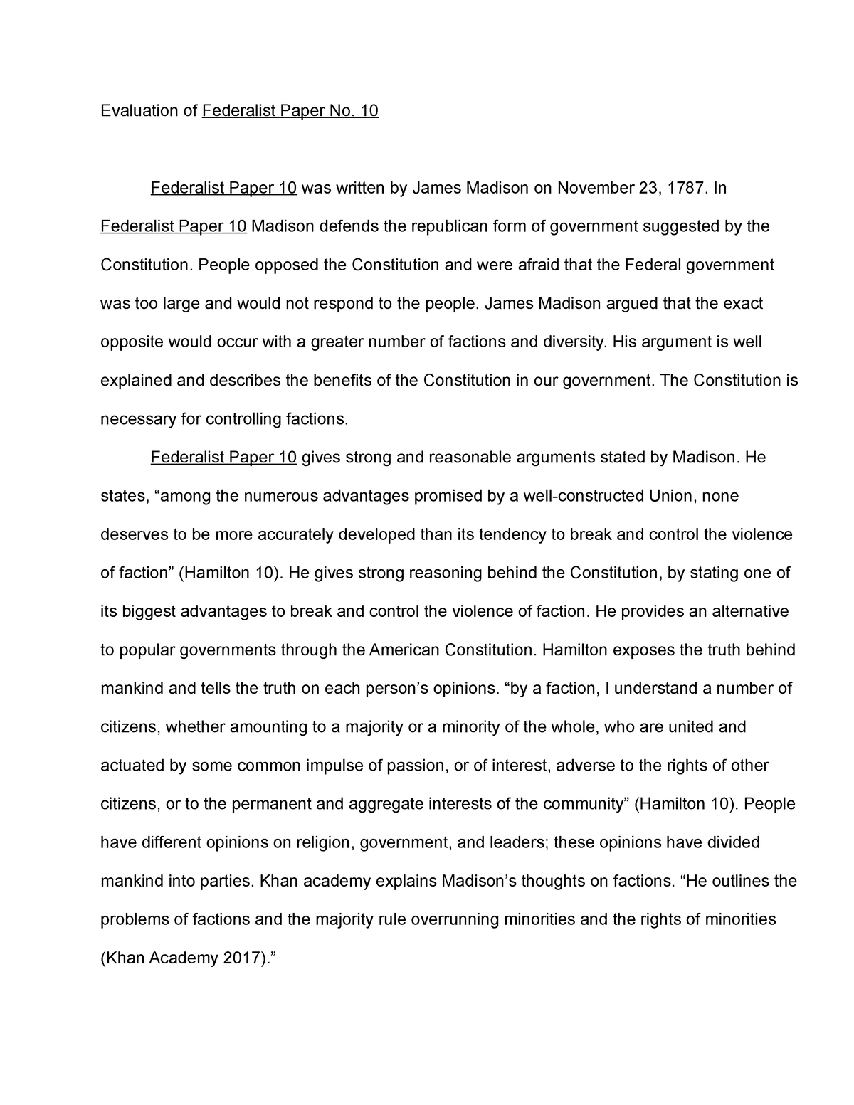 federalist paper 10 essay