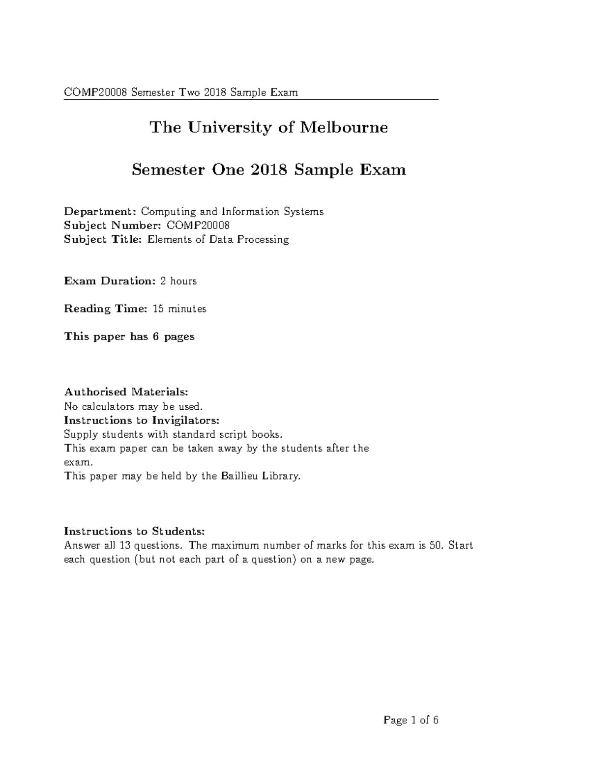 2018 S2 Sample Exam - The University of Melbourne Semester One 2018 ...