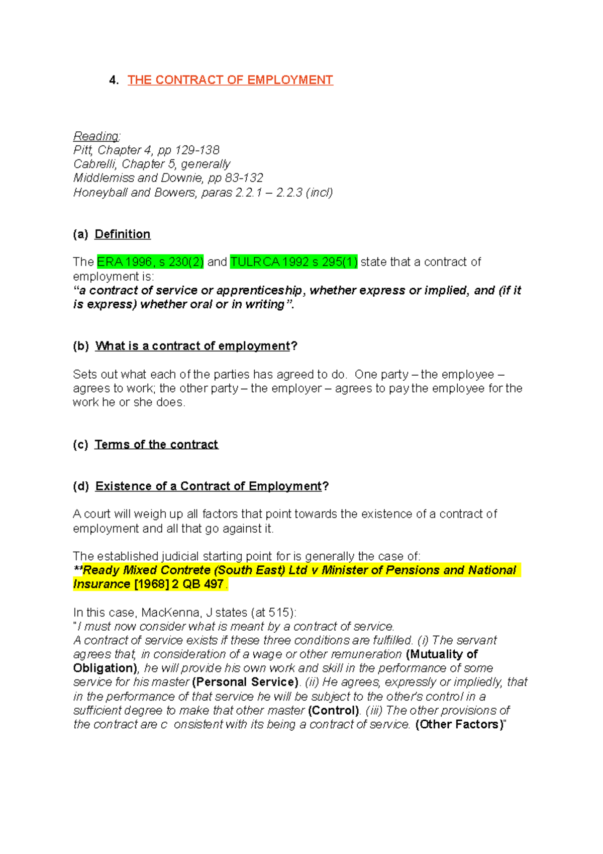 THE Contract OF Employment - 4. THE CONTRACT OF EMPLOYMENT Reading ...