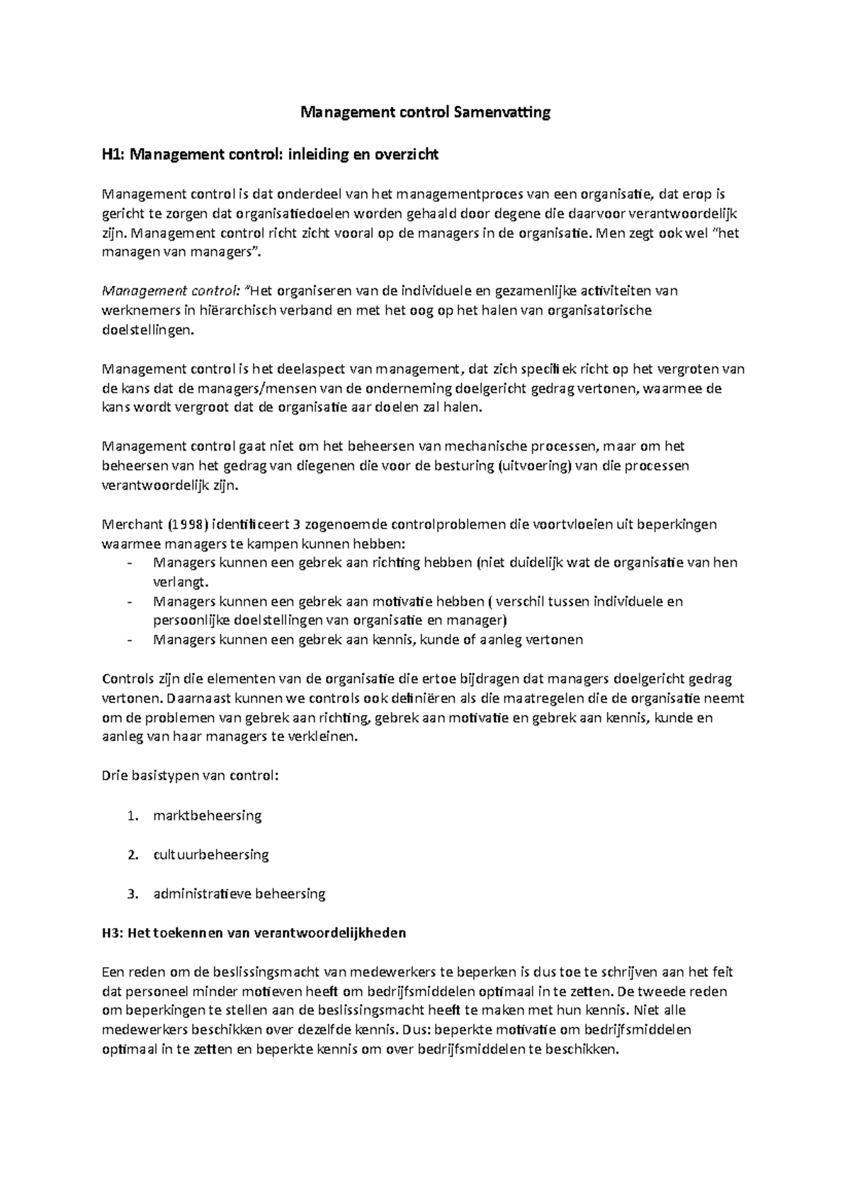 Kleine Management Control Samenvatting - Management Control ...