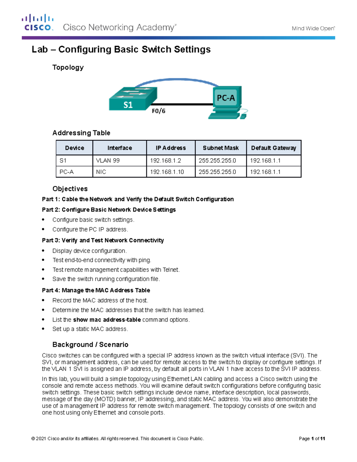 5.1.1.6 Lab - Configuring Basic Switch Settings - Topology Addressing ...