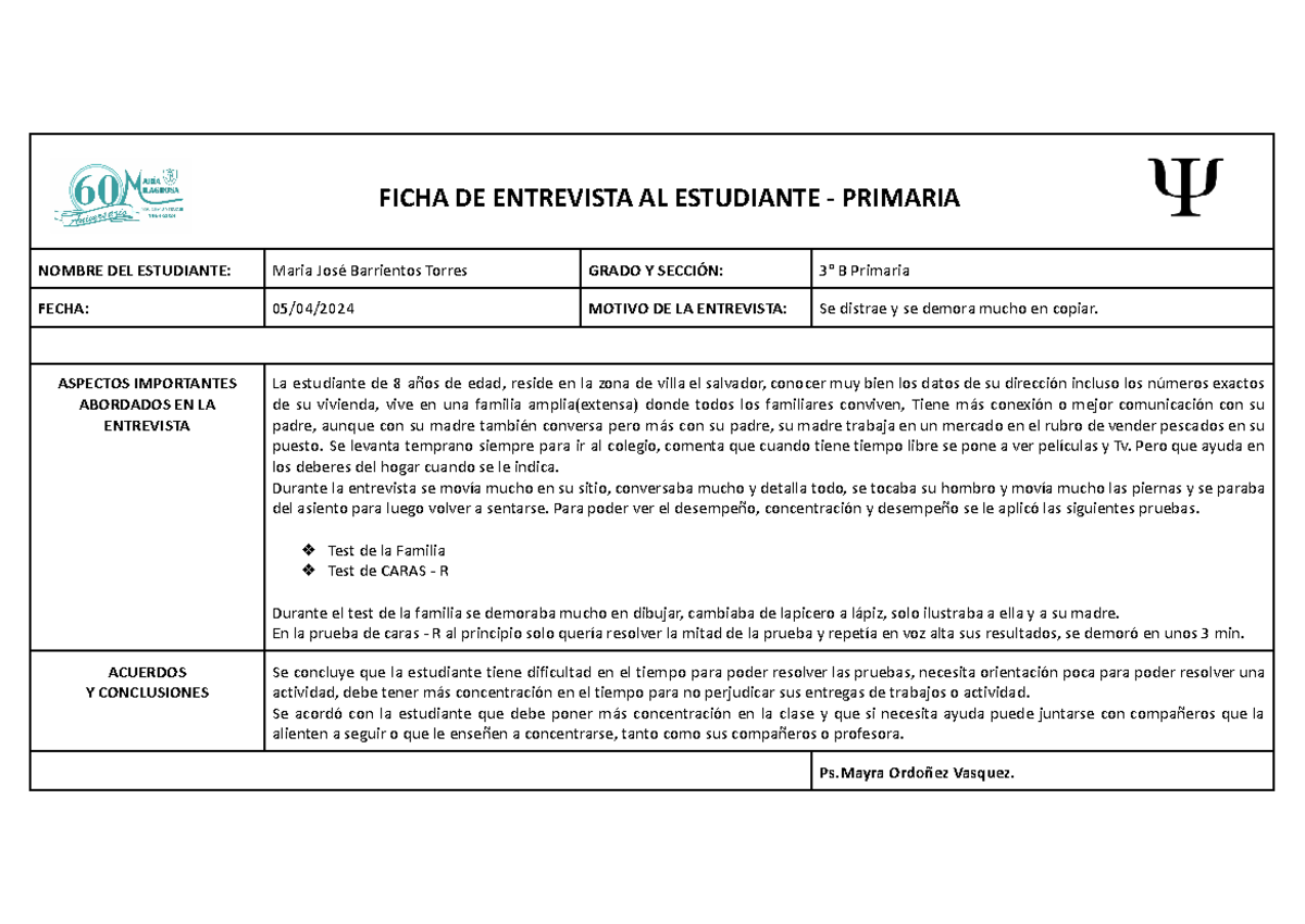 Ficha DE Entrevista - FICHA DE ENTREVISTA AL ESTUDIANTE - PRIMARIA