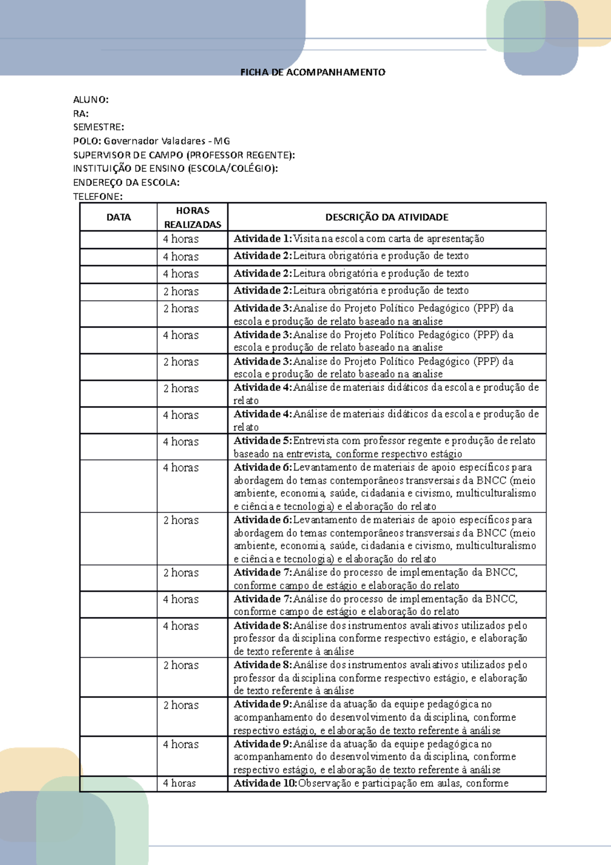 Ficha De Acompanhamento Ed Infantil Anos Iniciais E Fund Ii